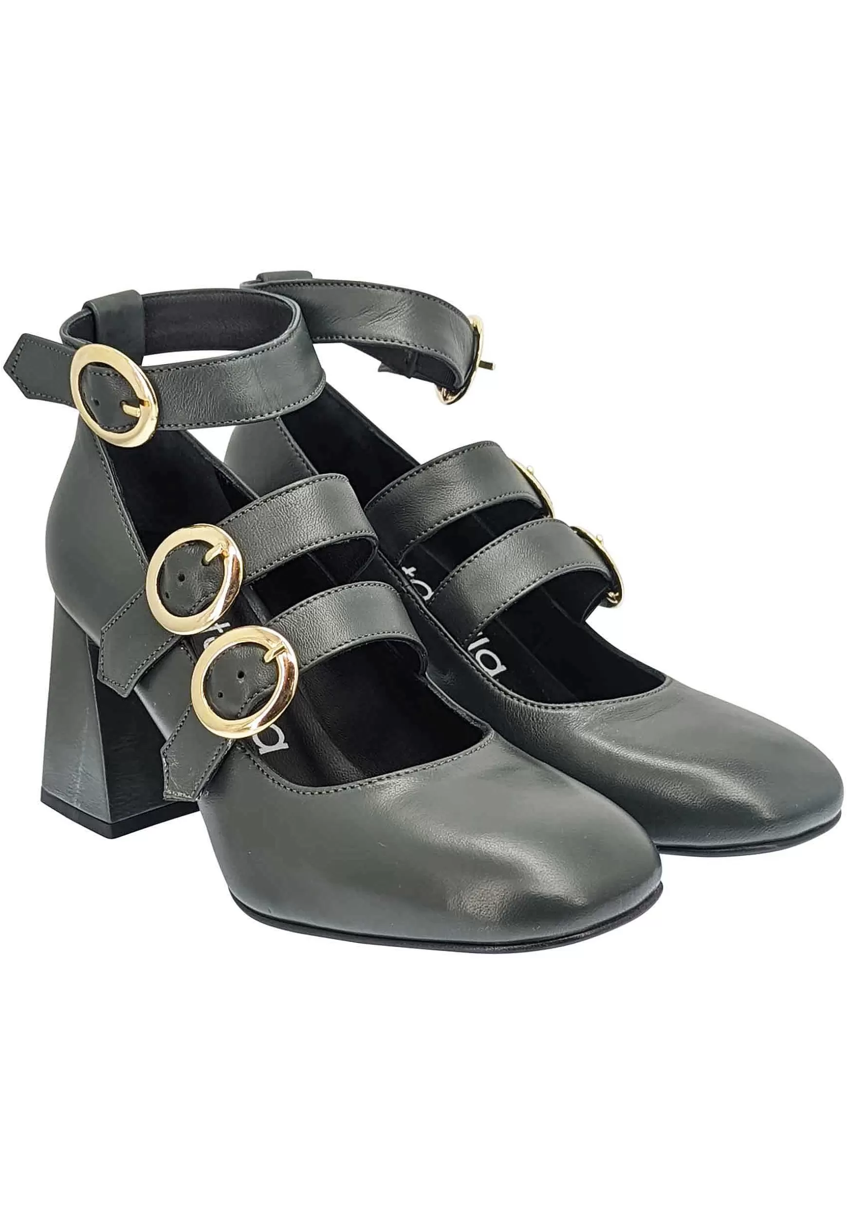 Decollete Donna In Pelle Verde Con Cinturini Fibbie E Tacco Alto** Cheap