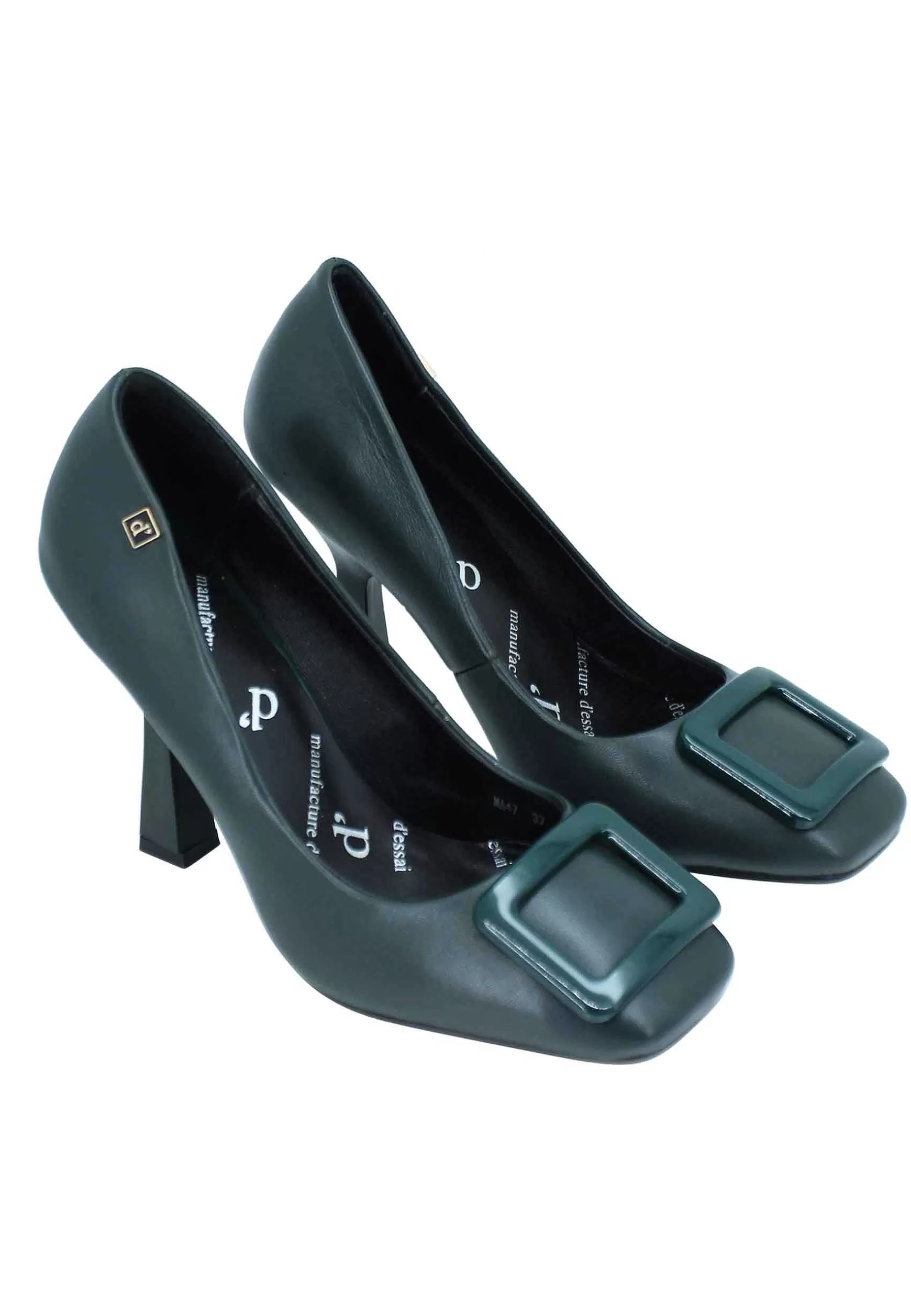 Decollete Donna In Pelle Verde Punta Quadra E Accessorio In Tinta*Manufacture D Hot