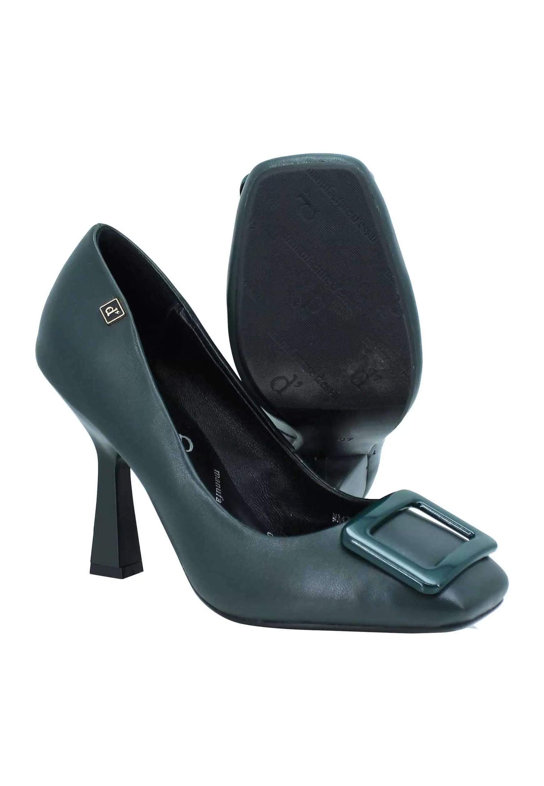 Decollete Donna In Pelle Verde Punta Quadra E Accessorio In Tinta*Manufacture D Hot