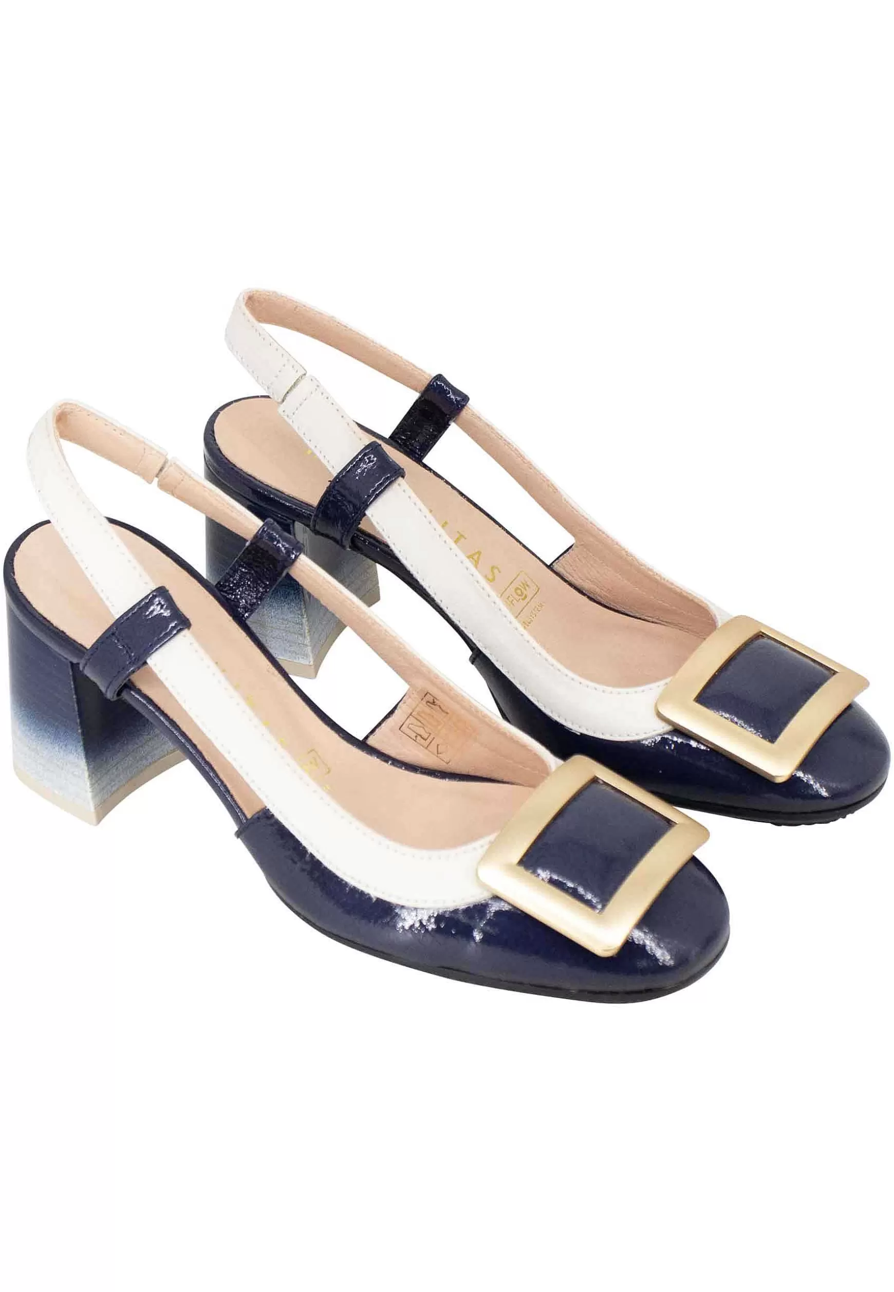 Decollete Slingback Australia Donna In Pelle Blu E Panna Con Fibbia Oro*Hispanitas Outlet