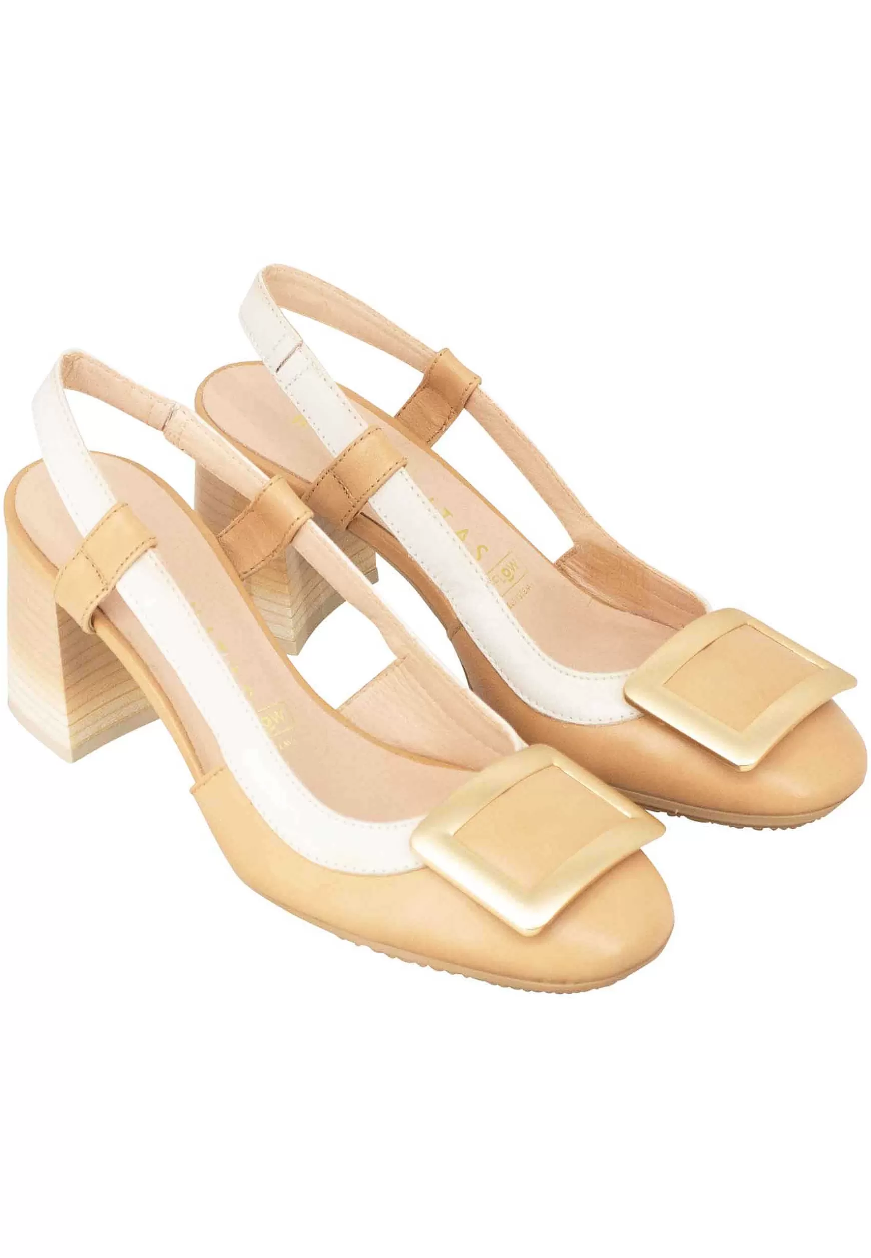 Decollete Slingback Australia Donna In Pelle Cuoio E Panna Con Fibbia Oro*Hispanitas Discount