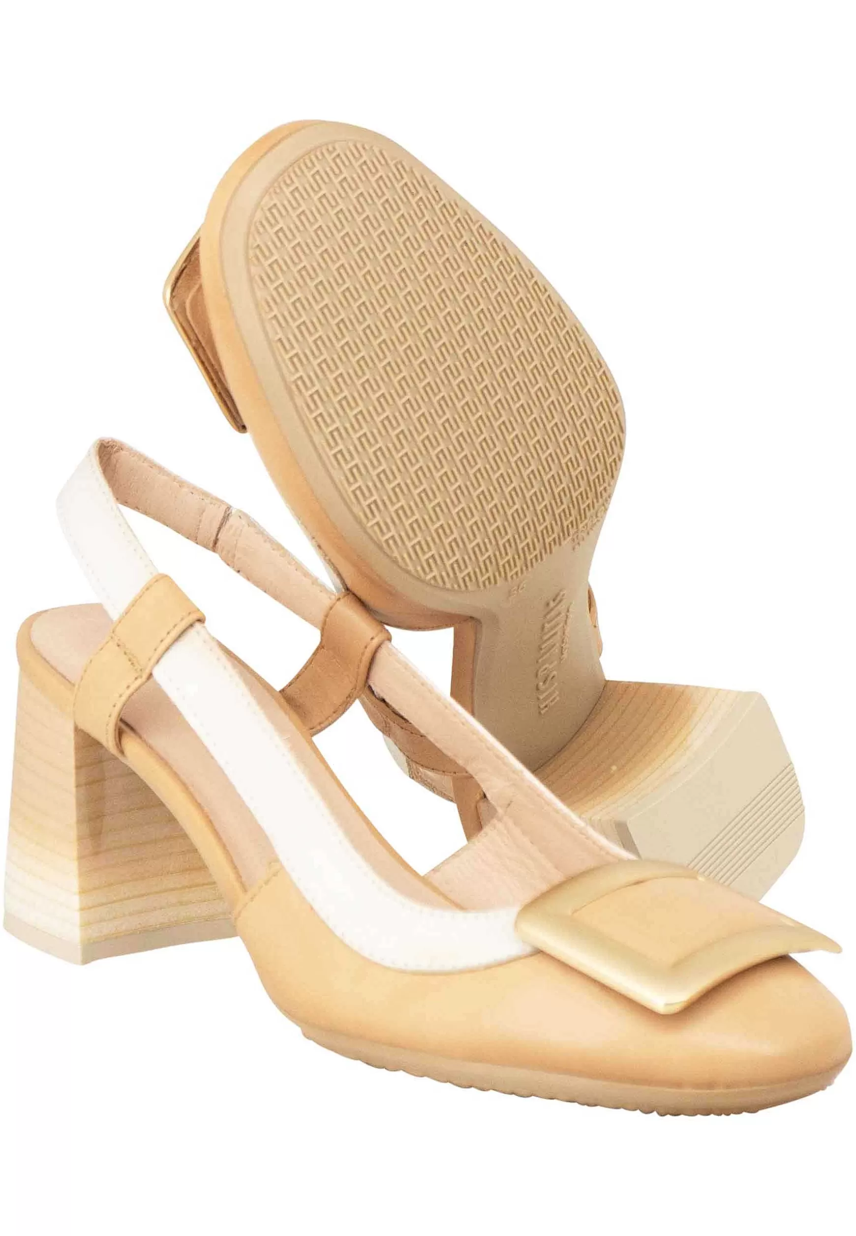 Decollete Slingback Australia Donna In Pelle Cuoio E Panna Con Fibbia Oro*Hispanitas Discount