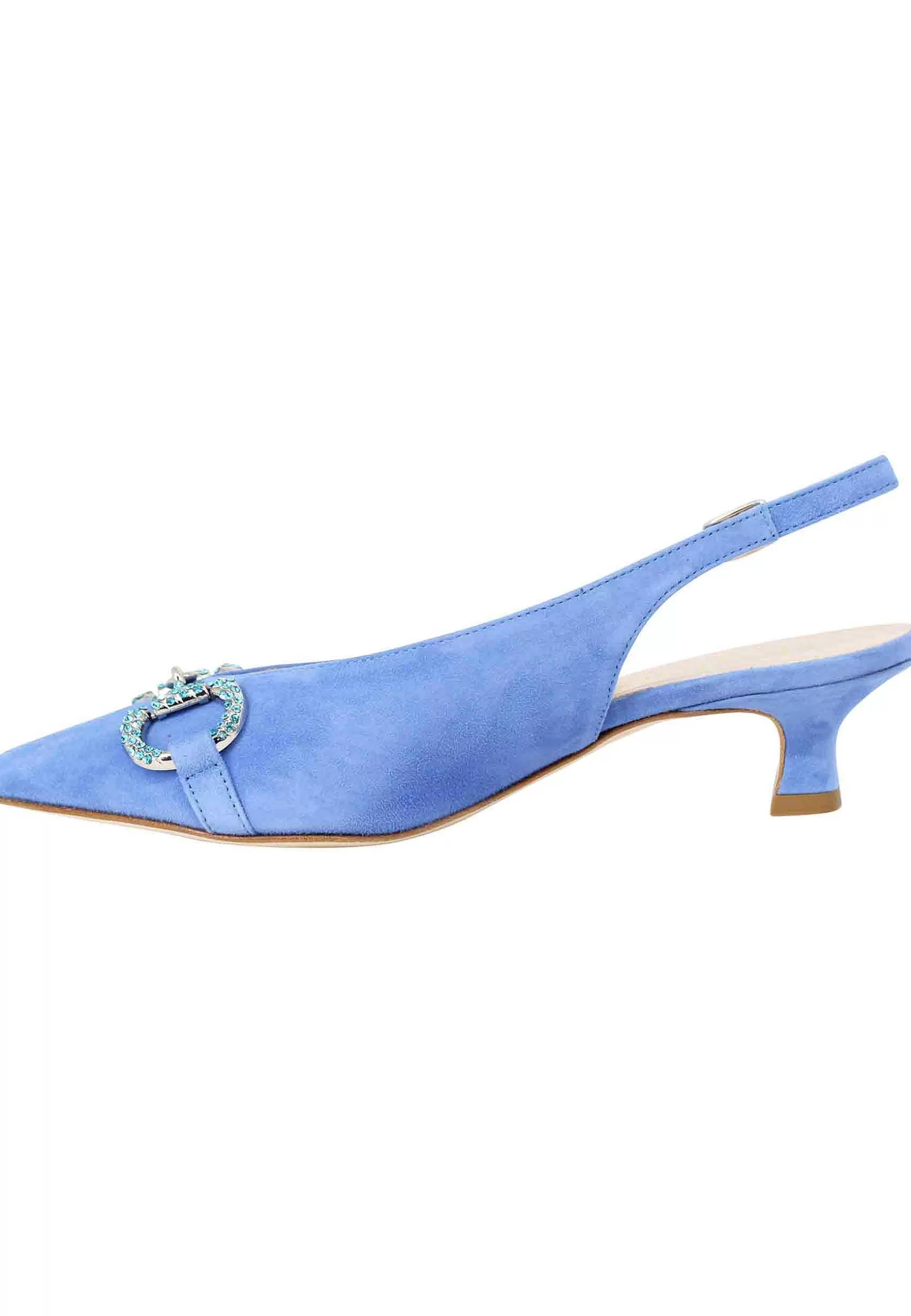 Decollete Slingback Donna In Camoscio Celeste Con Morsetto Gioiello E Tacco Basso** Fashion