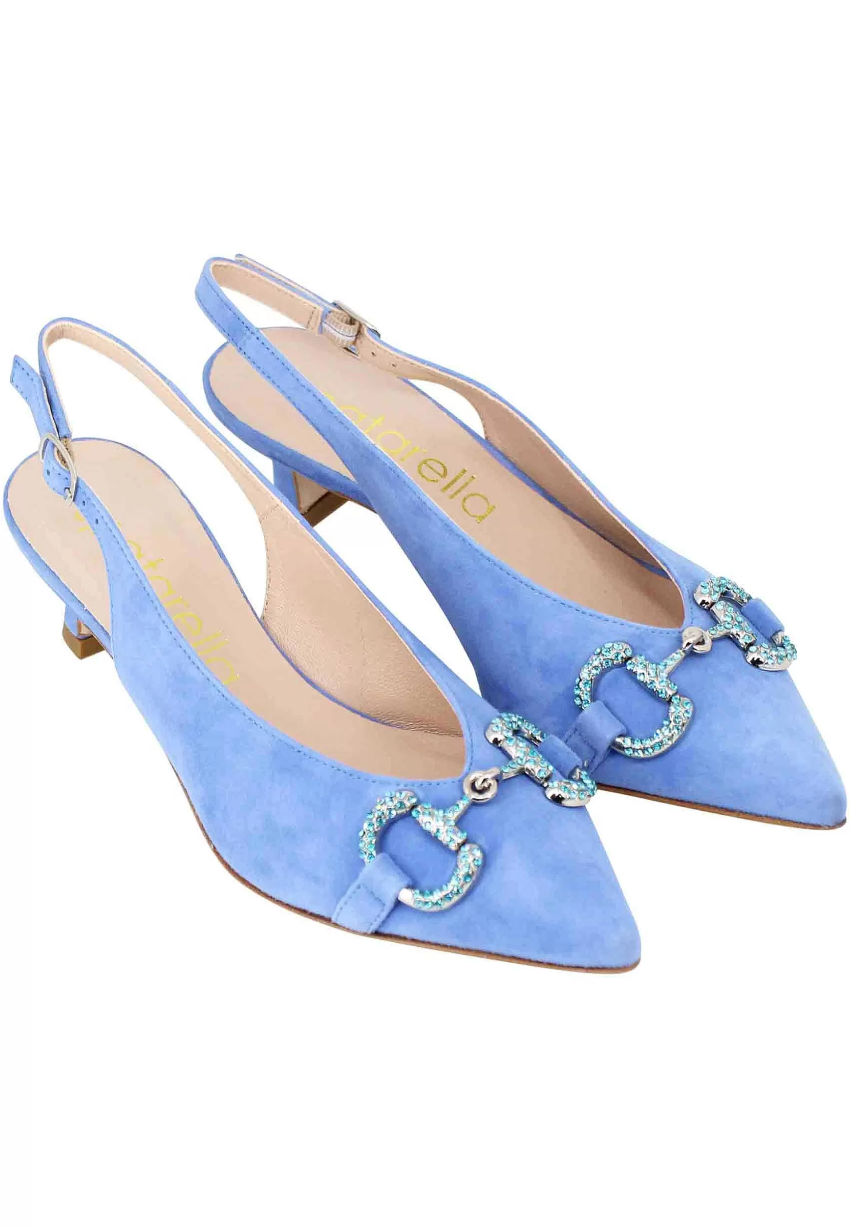 Decollete Slingback Donna In Camoscio Celeste Con Morsetto Gioiello E Tacco Basso** Fashion