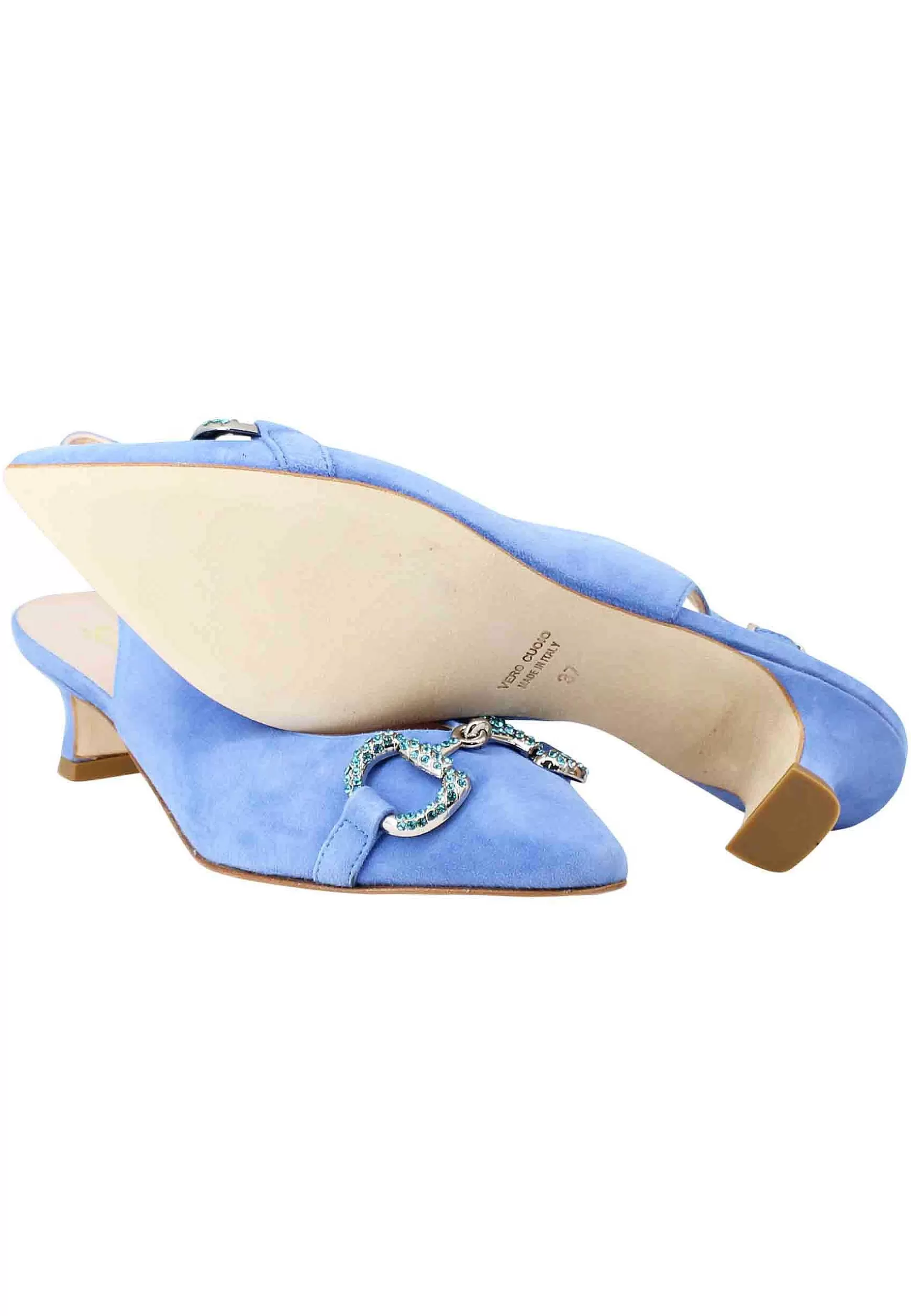 Decollete Slingback Donna In Camoscio Celeste Con Morsetto Gioiello E Tacco Basso** Fashion