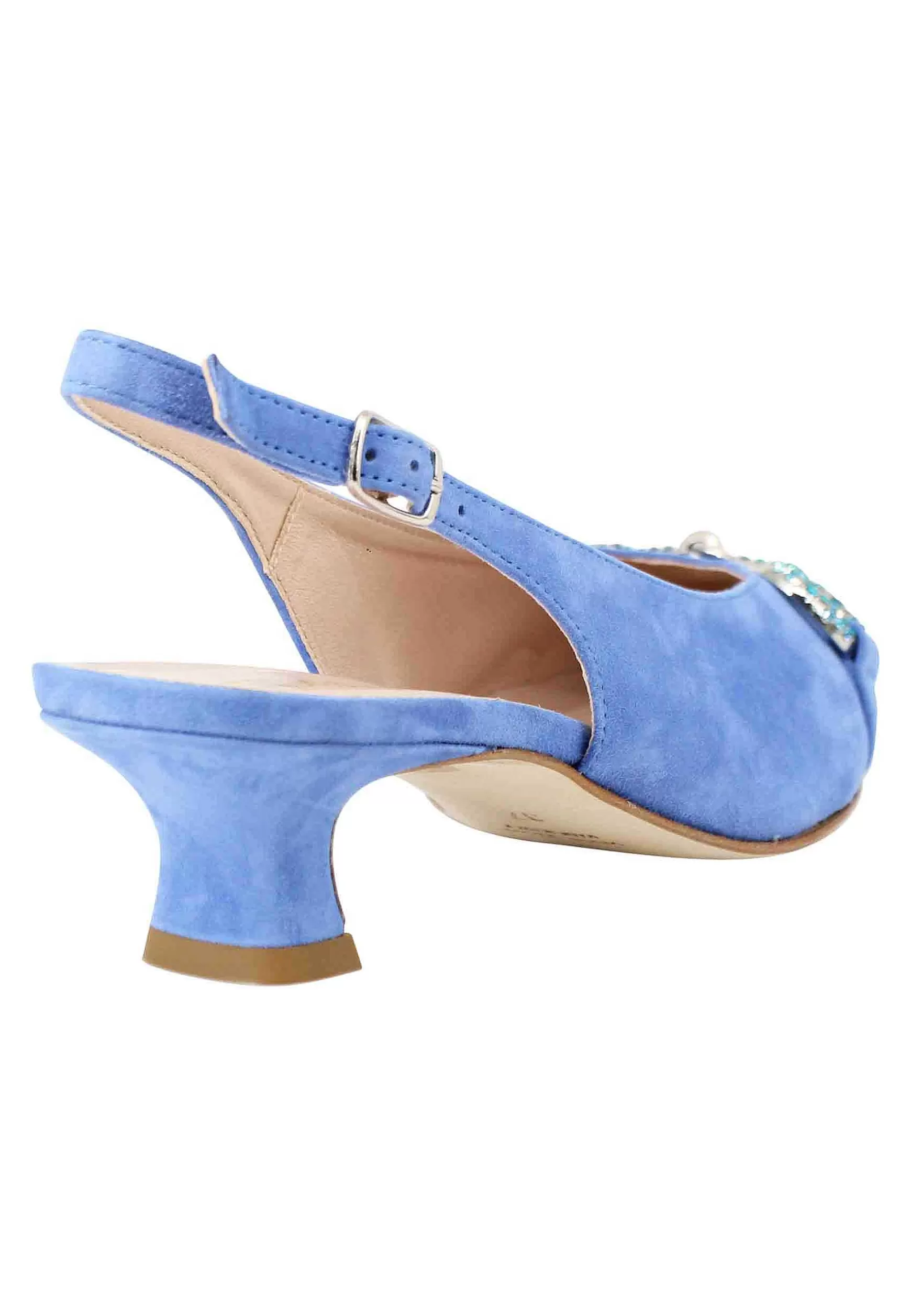 Decollete Slingback Donna In Camoscio Celeste Con Morsetto Gioiello E Tacco Basso** Fashion