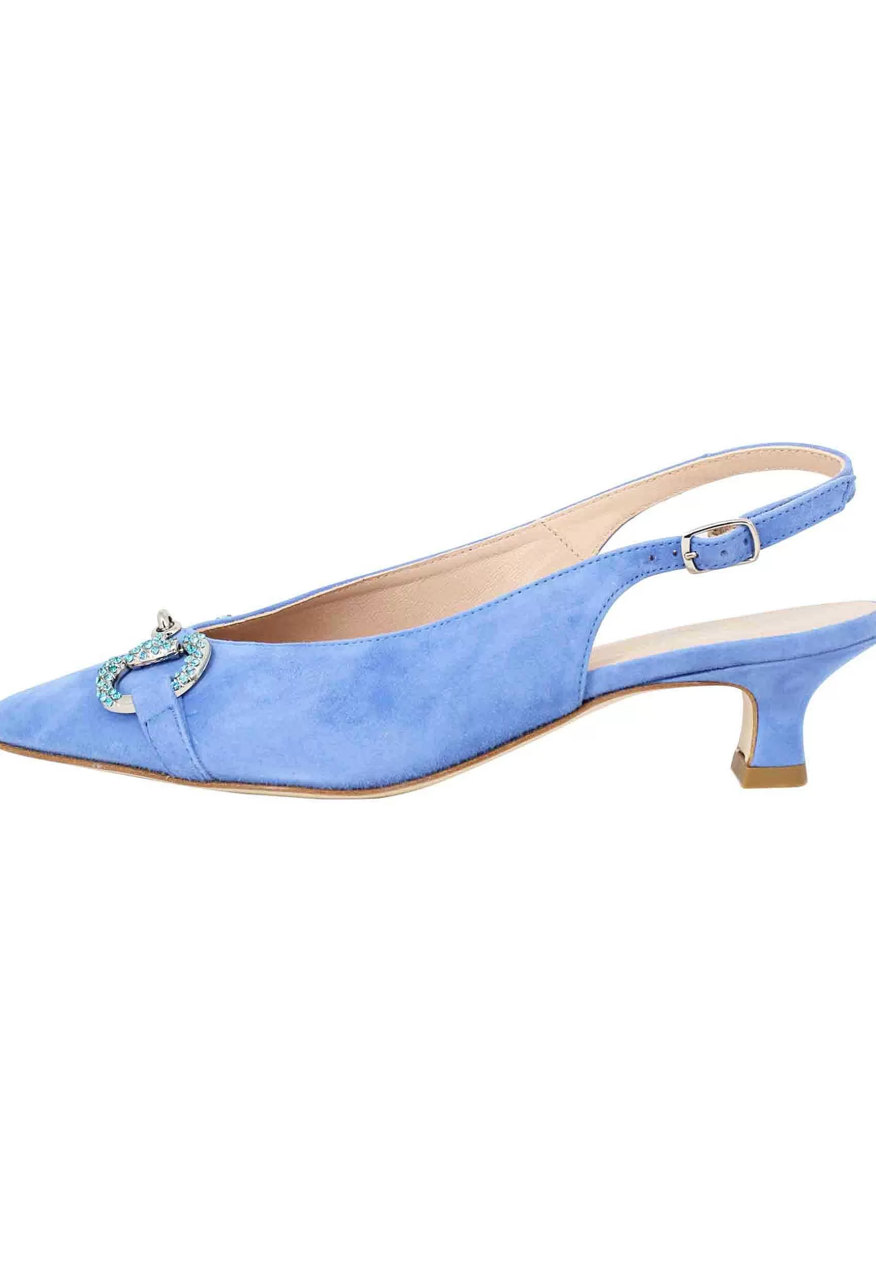 Decollete Slingback Donna In Camoscio Celeste Con Morsetto Gioiello E Tacco Basso** Fashion