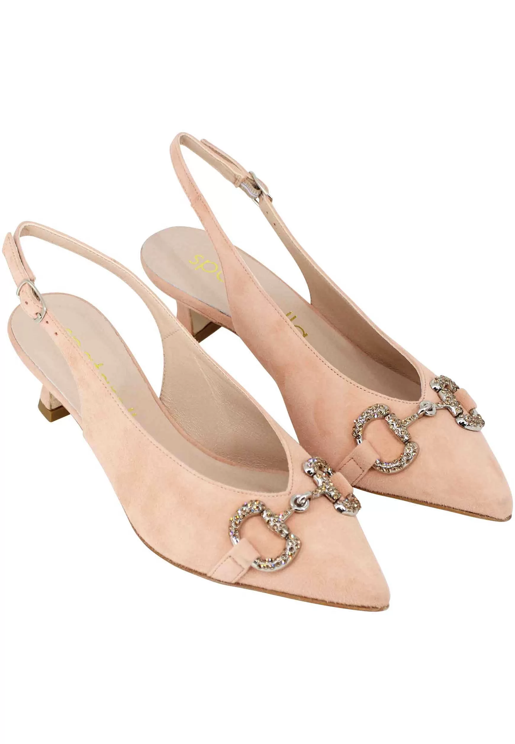 Decollete Slingback Donna In Camoscio Cipria Con Morsetto Gioiello E Tacco Basso** Shop
