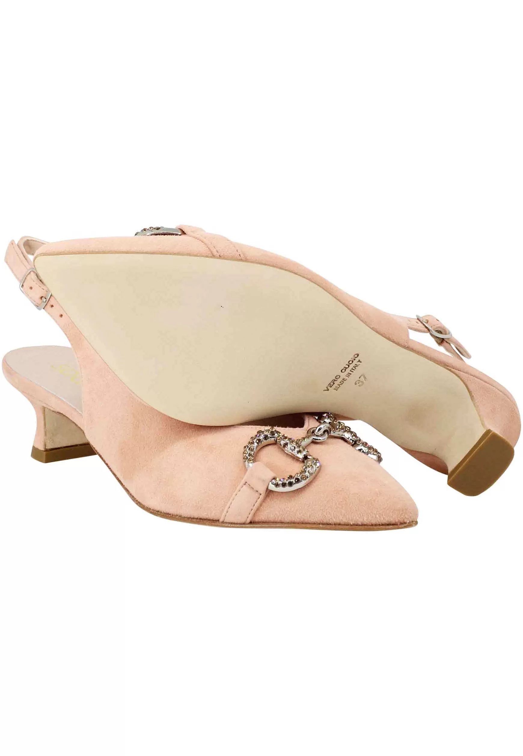 Decollete Slingback Donna In Camoscio Cipria Con Morsetto Gioiello E Tacco Basso** Shop