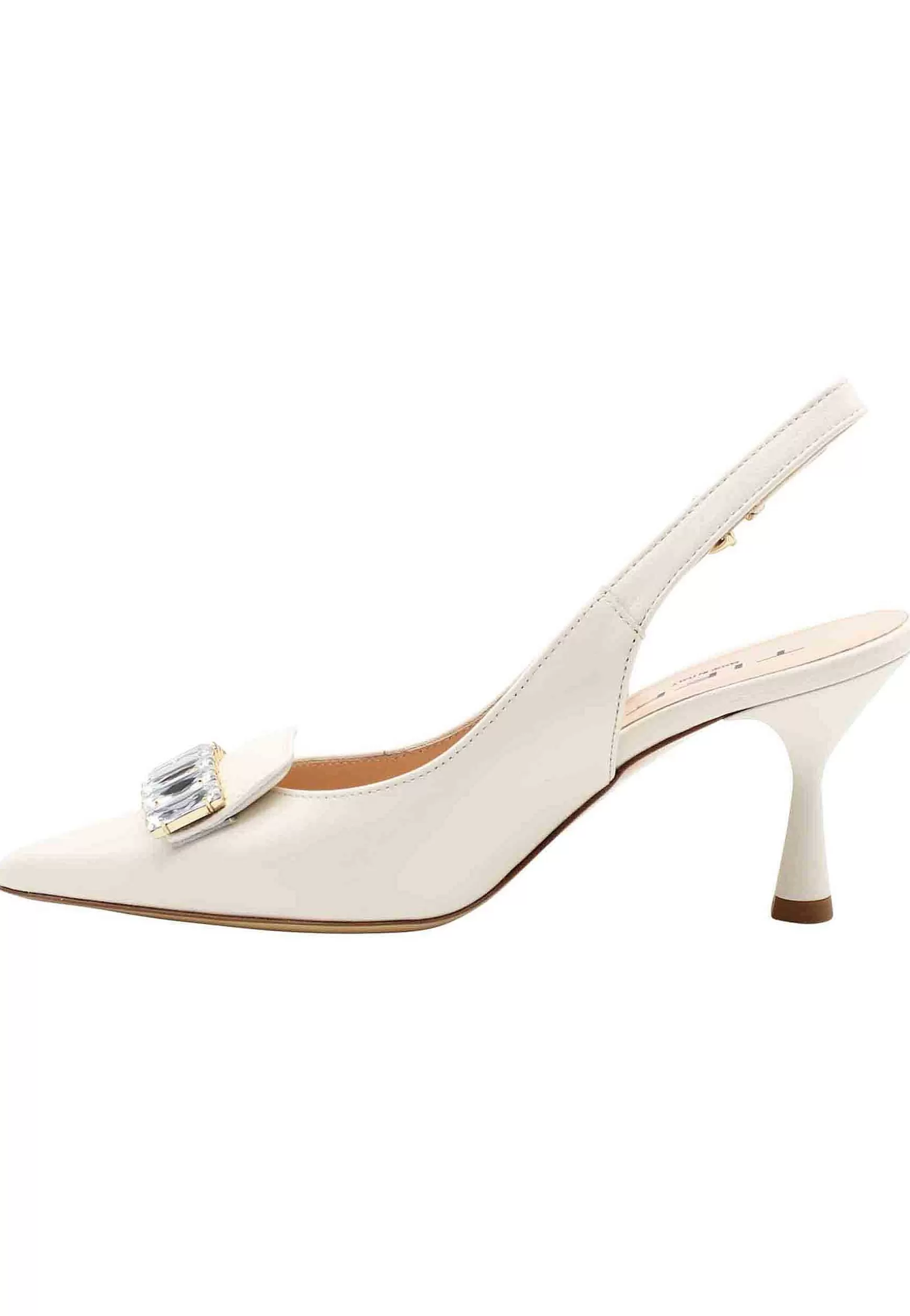 Decollete Slingback Donna In Pelle Avorio Con Tacco Alto E Accessorio Gioiello*TIFFI New