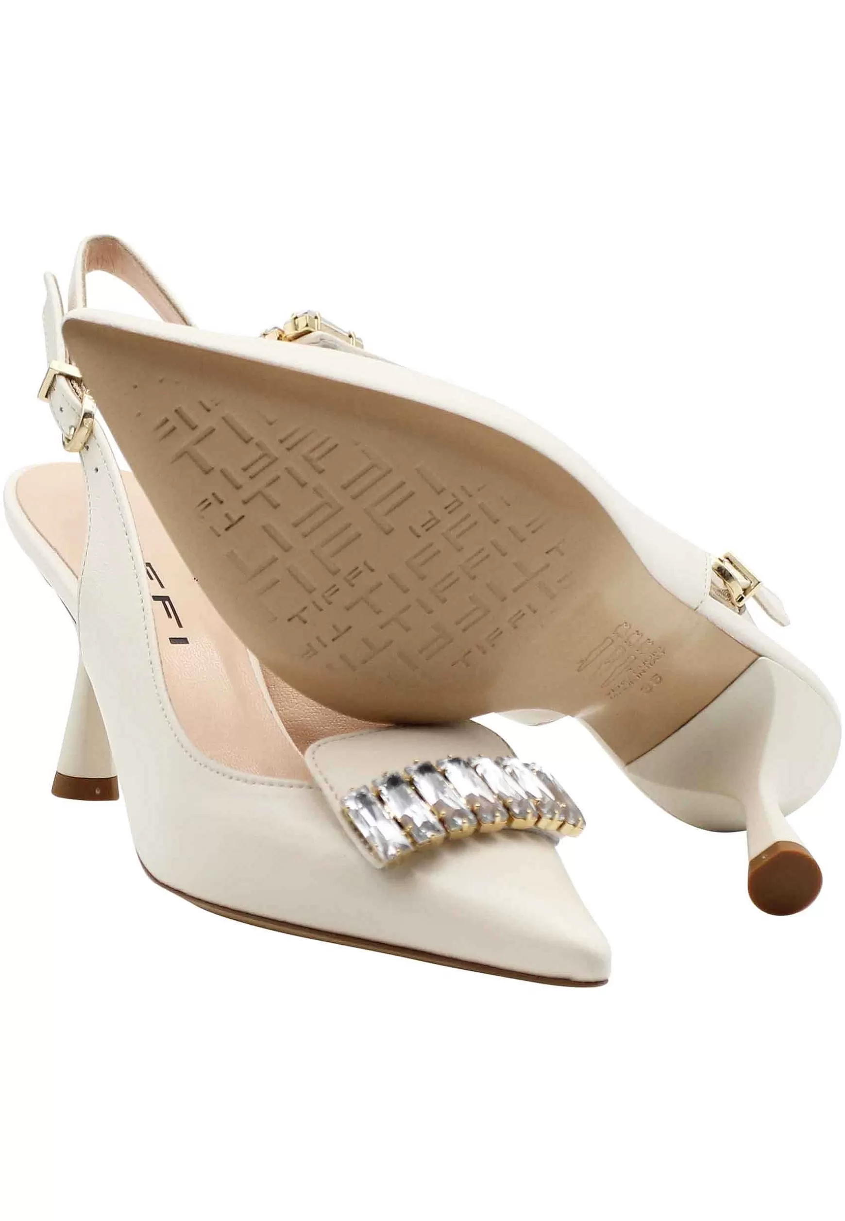Decollete Slingback Donna In Pelle Avorio Con Tacco Alto E Accessorio Gioiello*TIFFI New