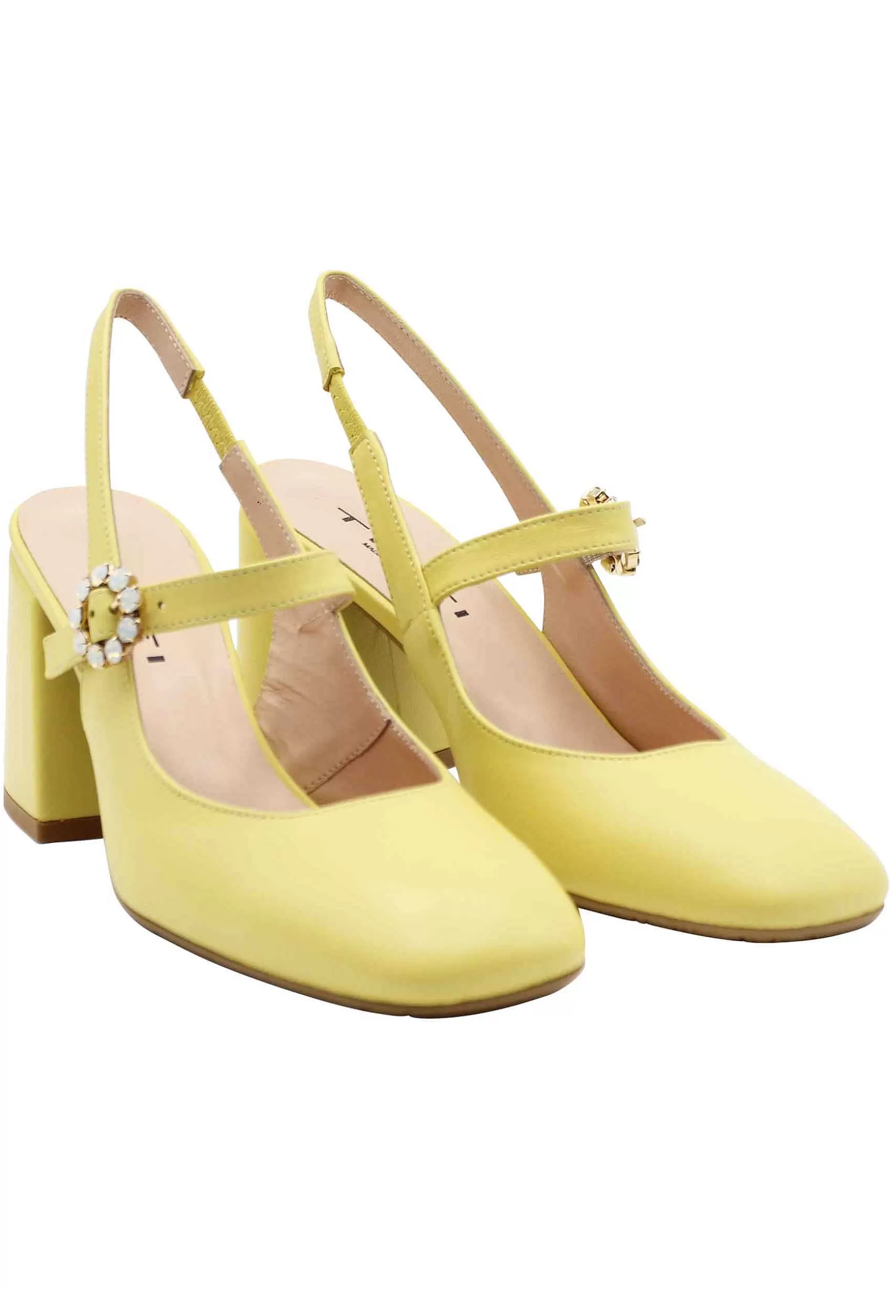 Decollete Slingback Donna In Pelle Gialla Con Tacco Grosso E Fibbitta In Cuoio*TIFFI Clearance