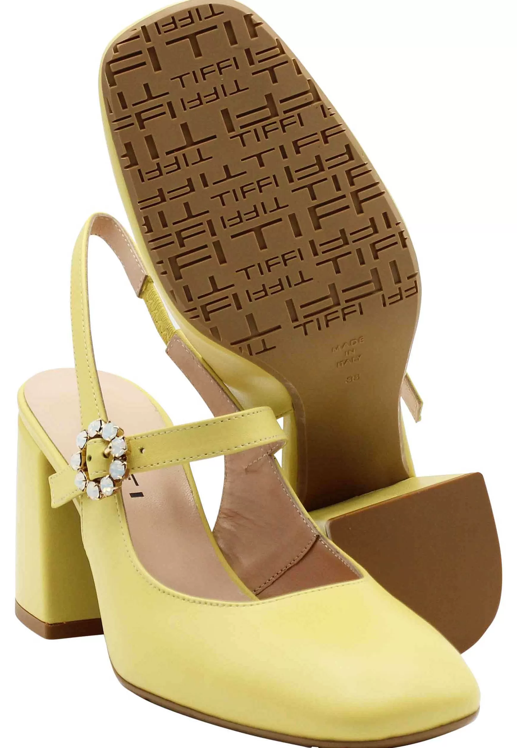 Decollete Slingback Donna In Pelle Gialla Con Tacco Grosso E Fibbitta In Cuoio*TIFFI Clearance
