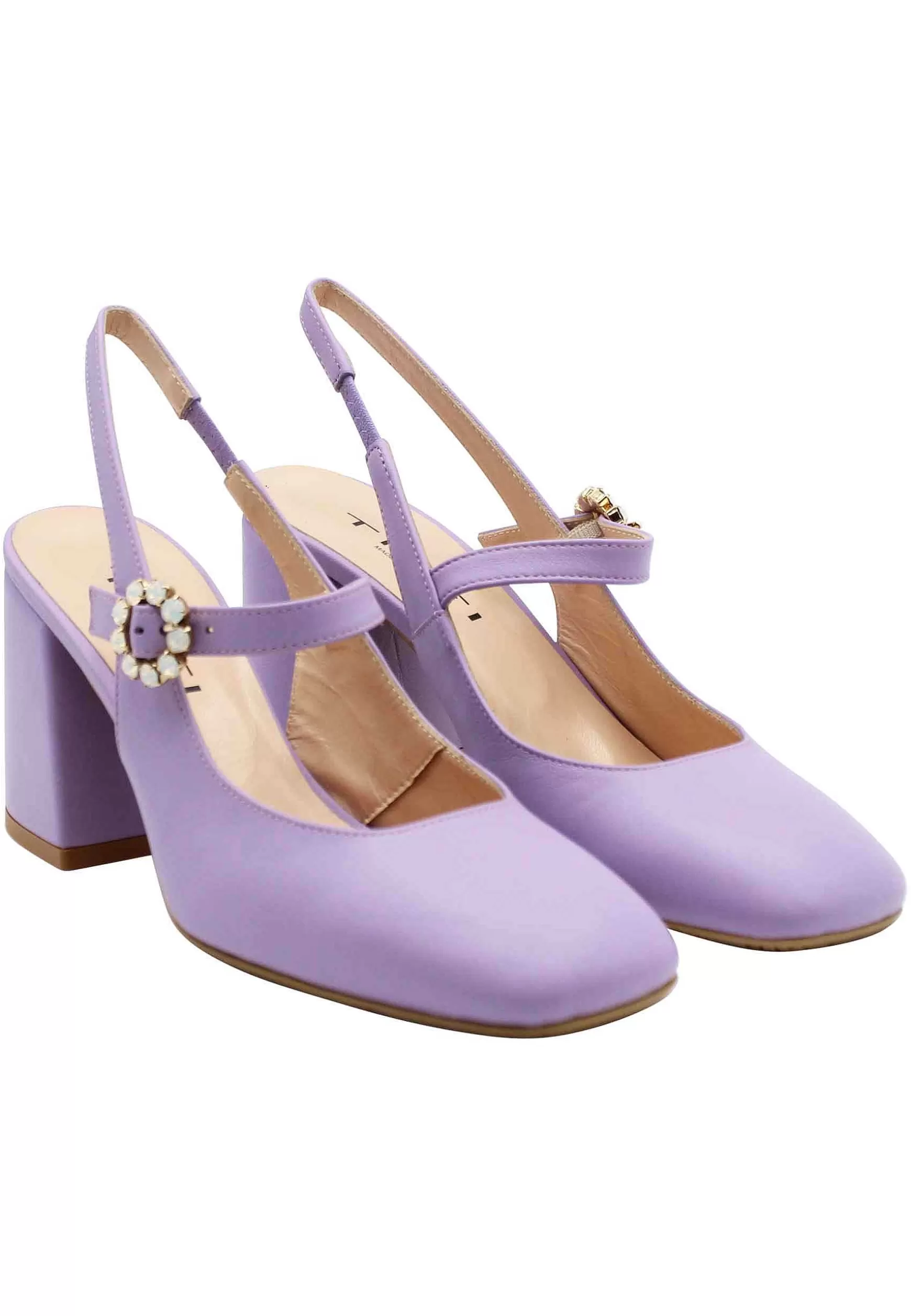Decollete Slingback Donna In Pelle Glicine Con Tacco Grosso E Fibbitta In Strass*TIFFI Best Sale
