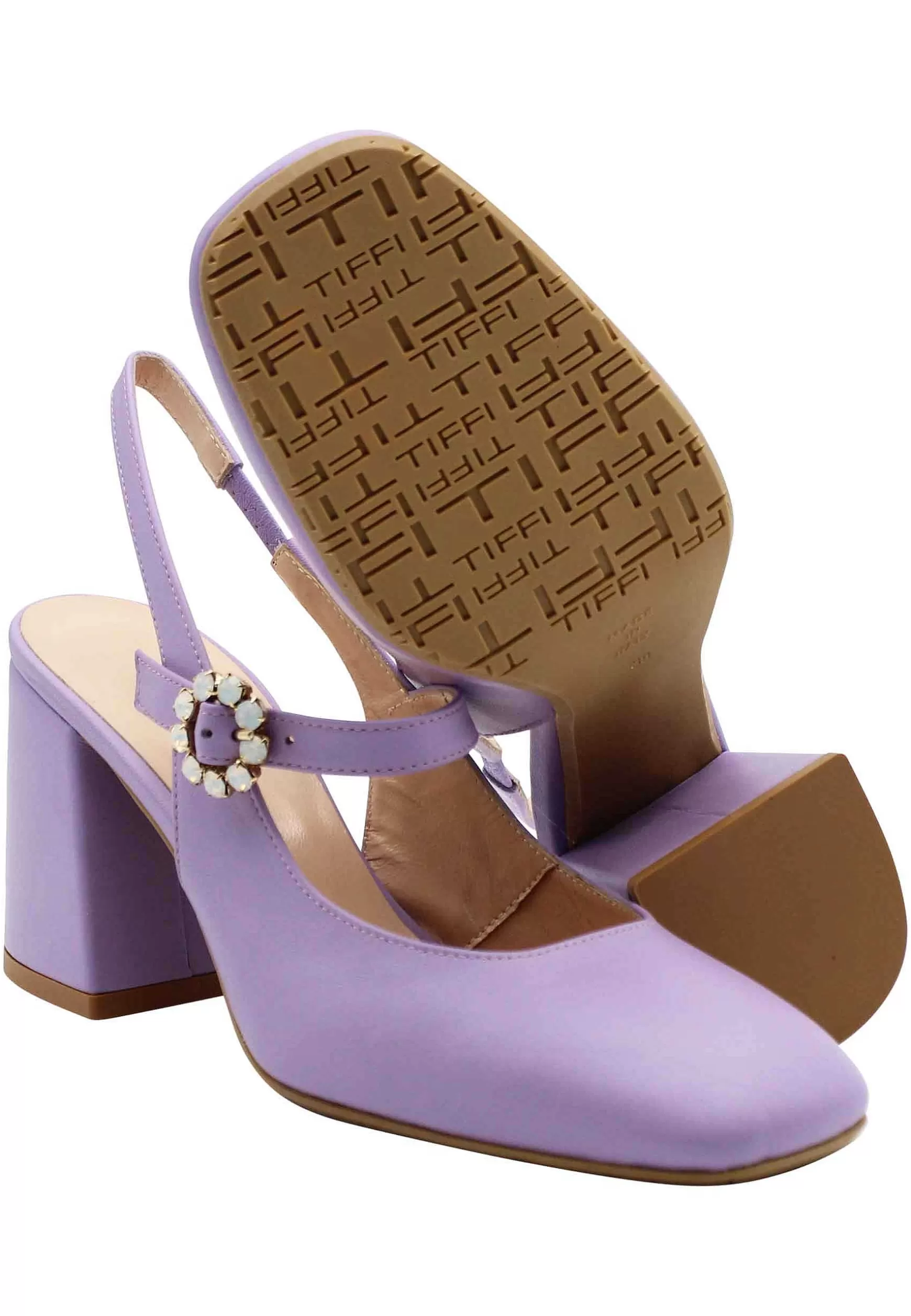 Decollete Slingback Donna In Pelle Glicine Con Tacco Grosso E Fibbitta In Strass*TIFFI Best Sale