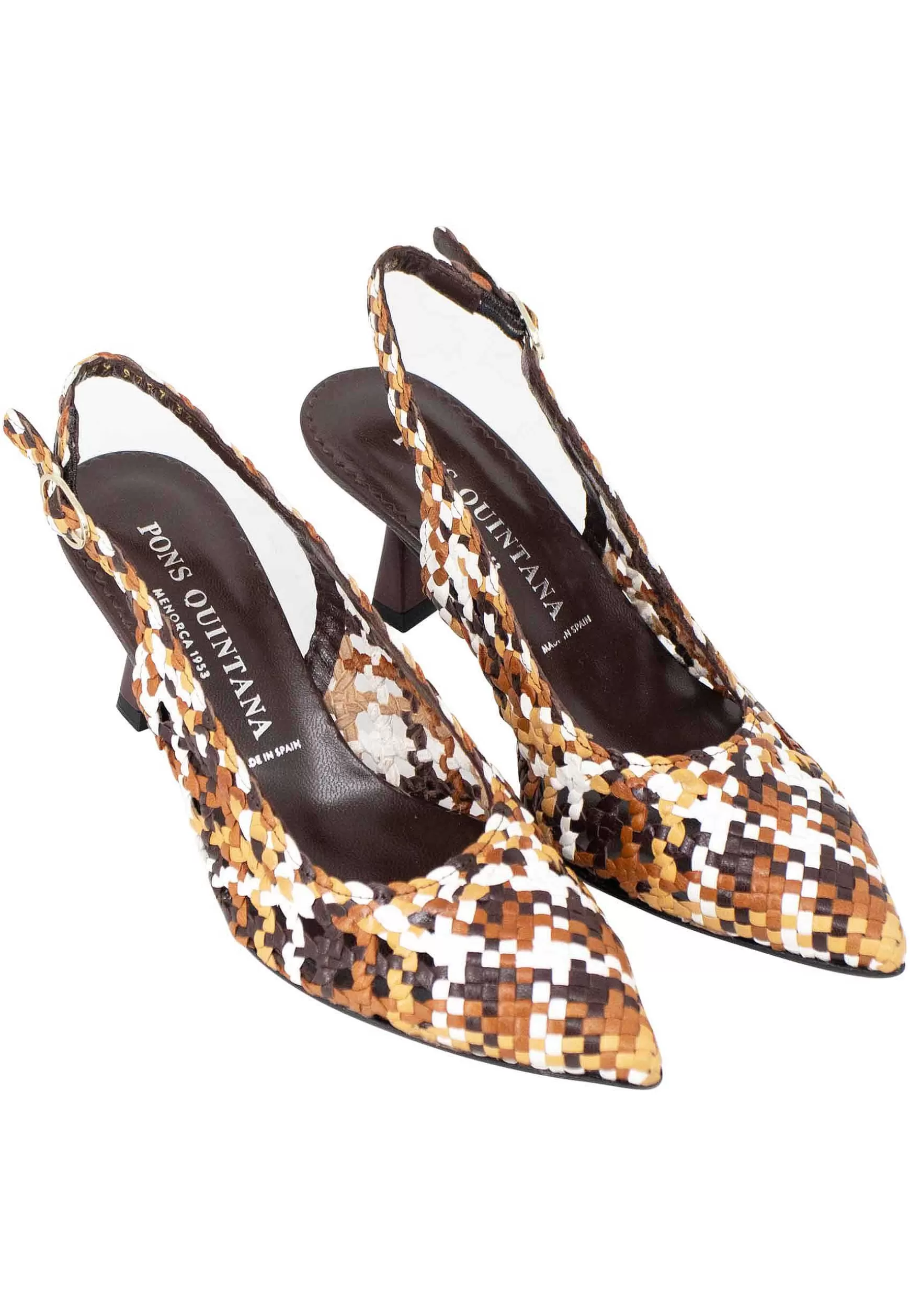 Decollete Slingback Donna In Pelle Intrecciata Marrone E Cuoio Con Tacco Alto*Pons Quintana Discount