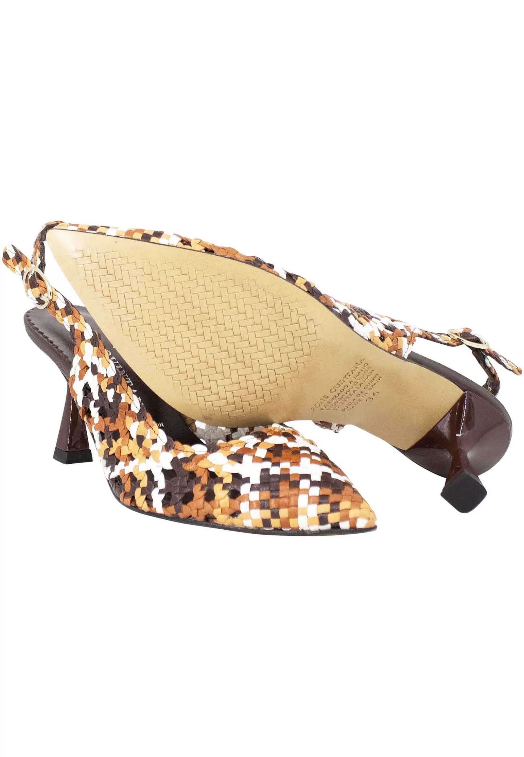 Decollete Slingback Donna In Pelle Intrecciata Marrone E Cuoio Con Tacco Alto*Pons Quintana Discount