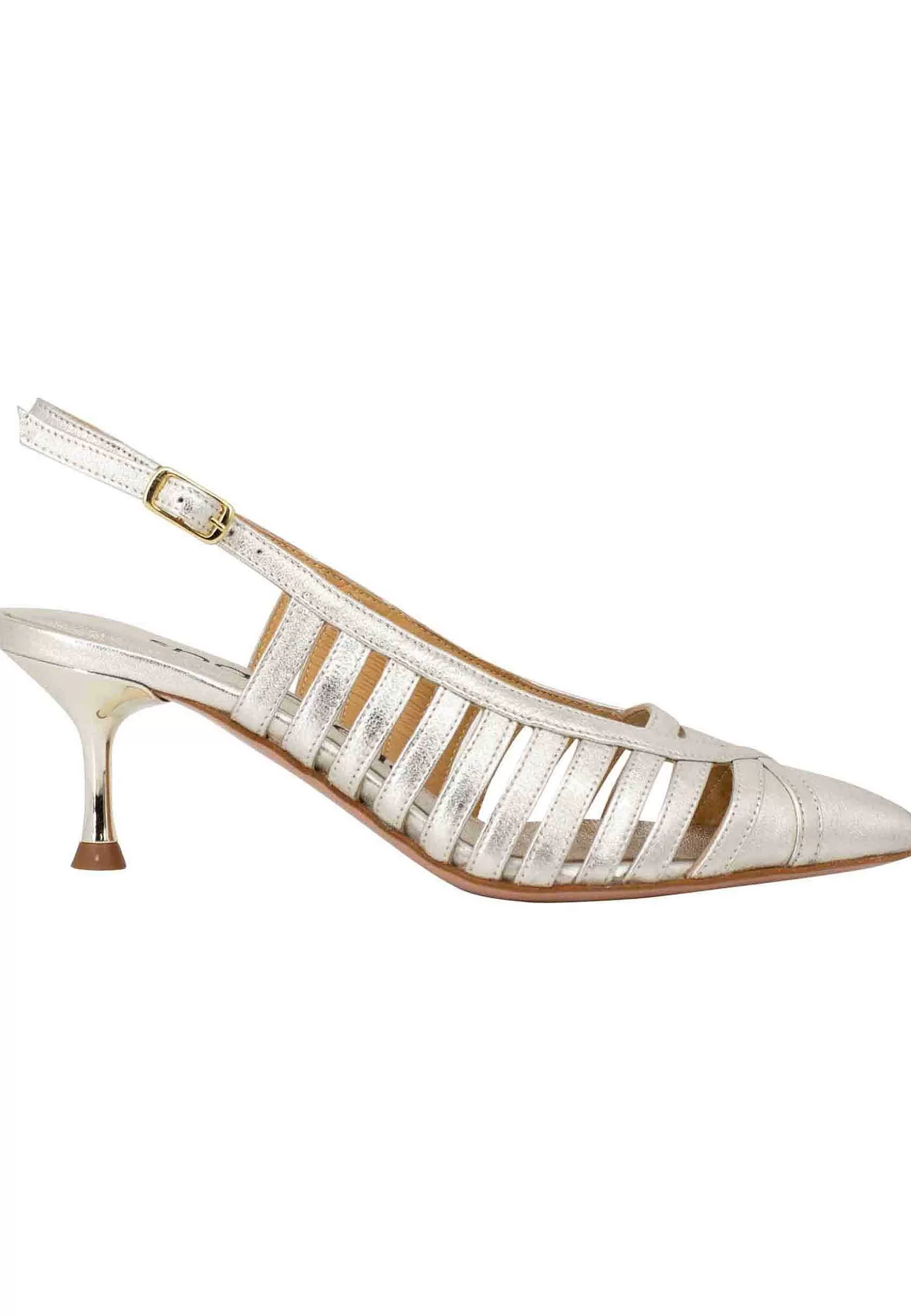 Decollete Slingback Donna In Pelle Laminata Argento Con Tacco Gioiello** Flash Sale