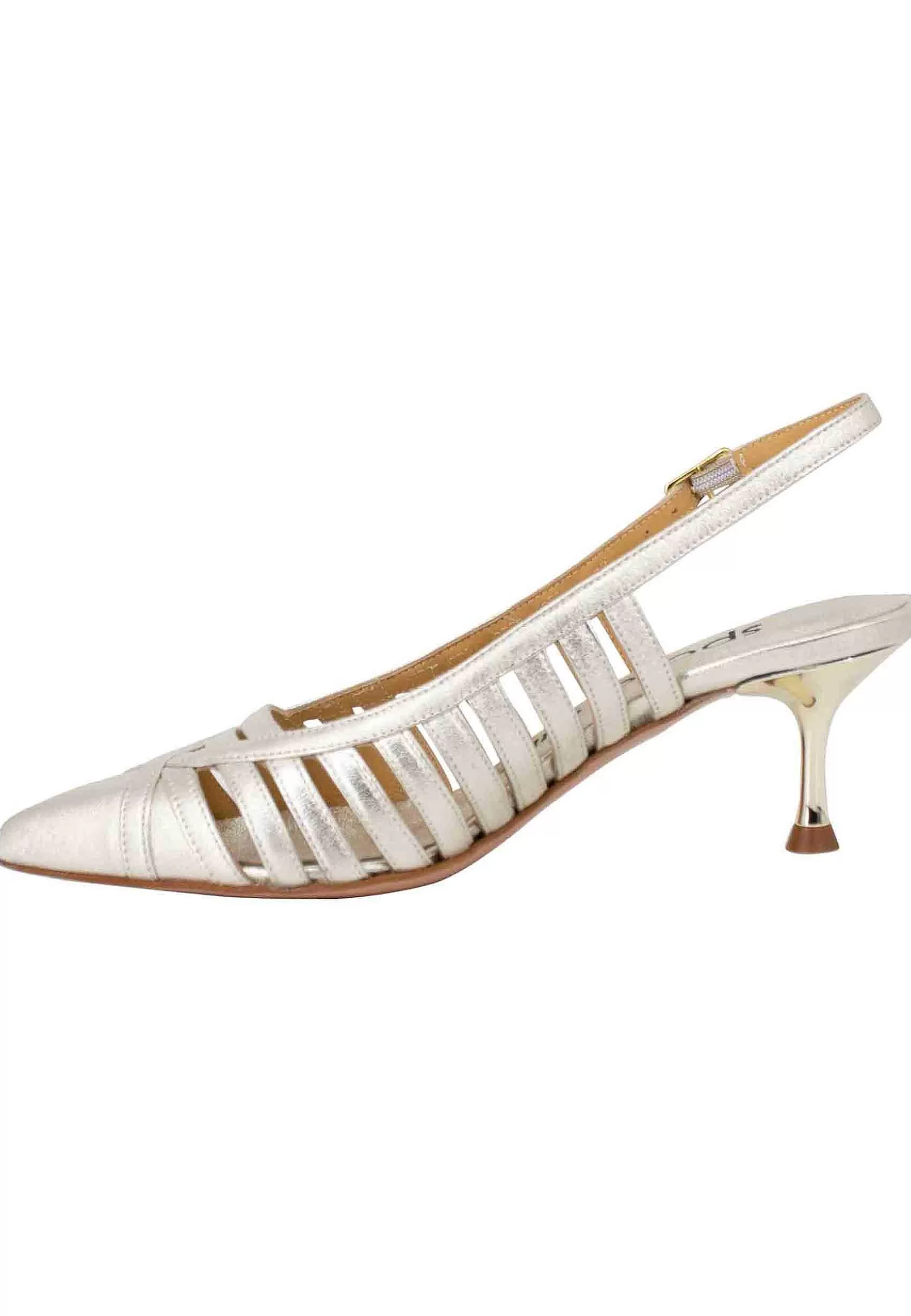 Decollete Slingback Donna In Pelle Laminata Argento Con Tacco Gioiello** Flash Sale