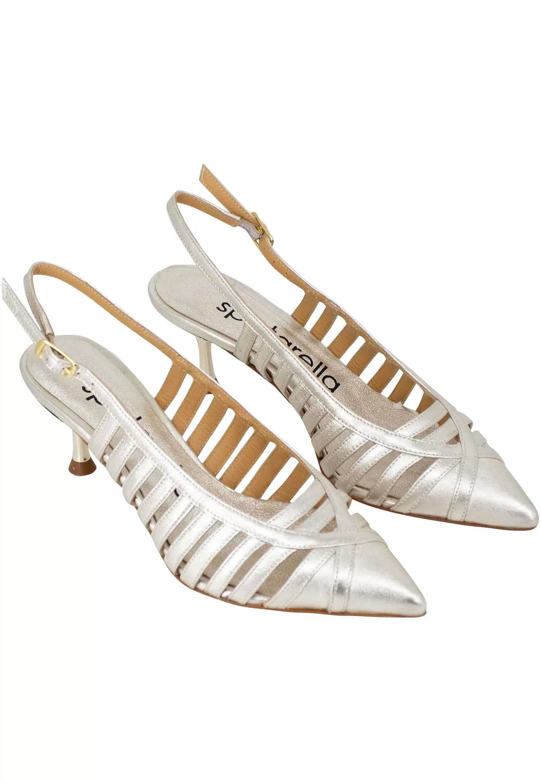 Decollete Slingback Donna In Pelle Laminata Argento Con Tacco Gioiello** Flash Sale