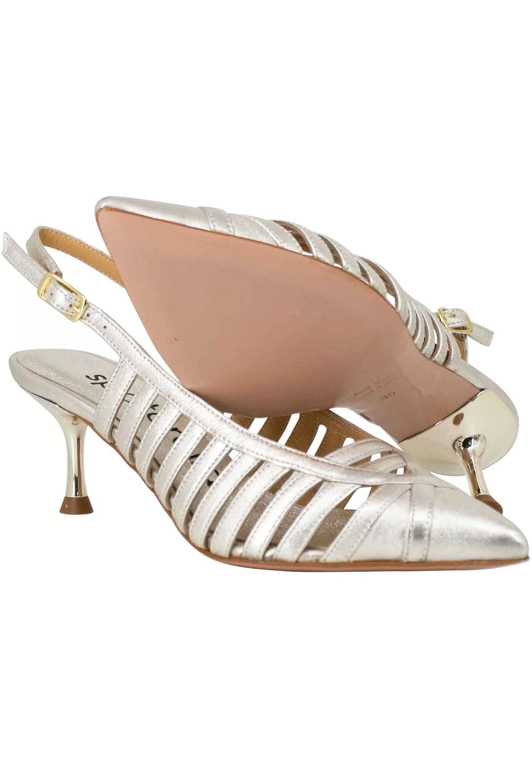 Decollete Slingback Donna In Pelle Laminata Argento Con Tacco Gioiello** Flash Sale