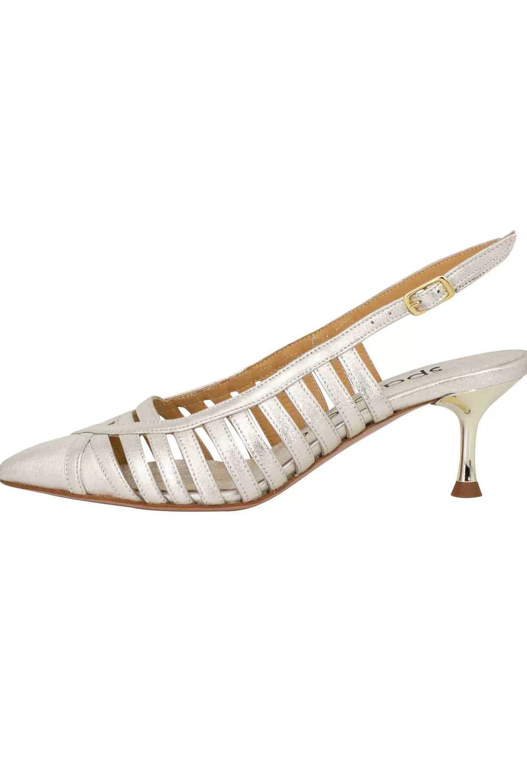 Decollete Slingback Donna In Pelle Laminata Argento Con Tacco Gioiello** Flash Sale