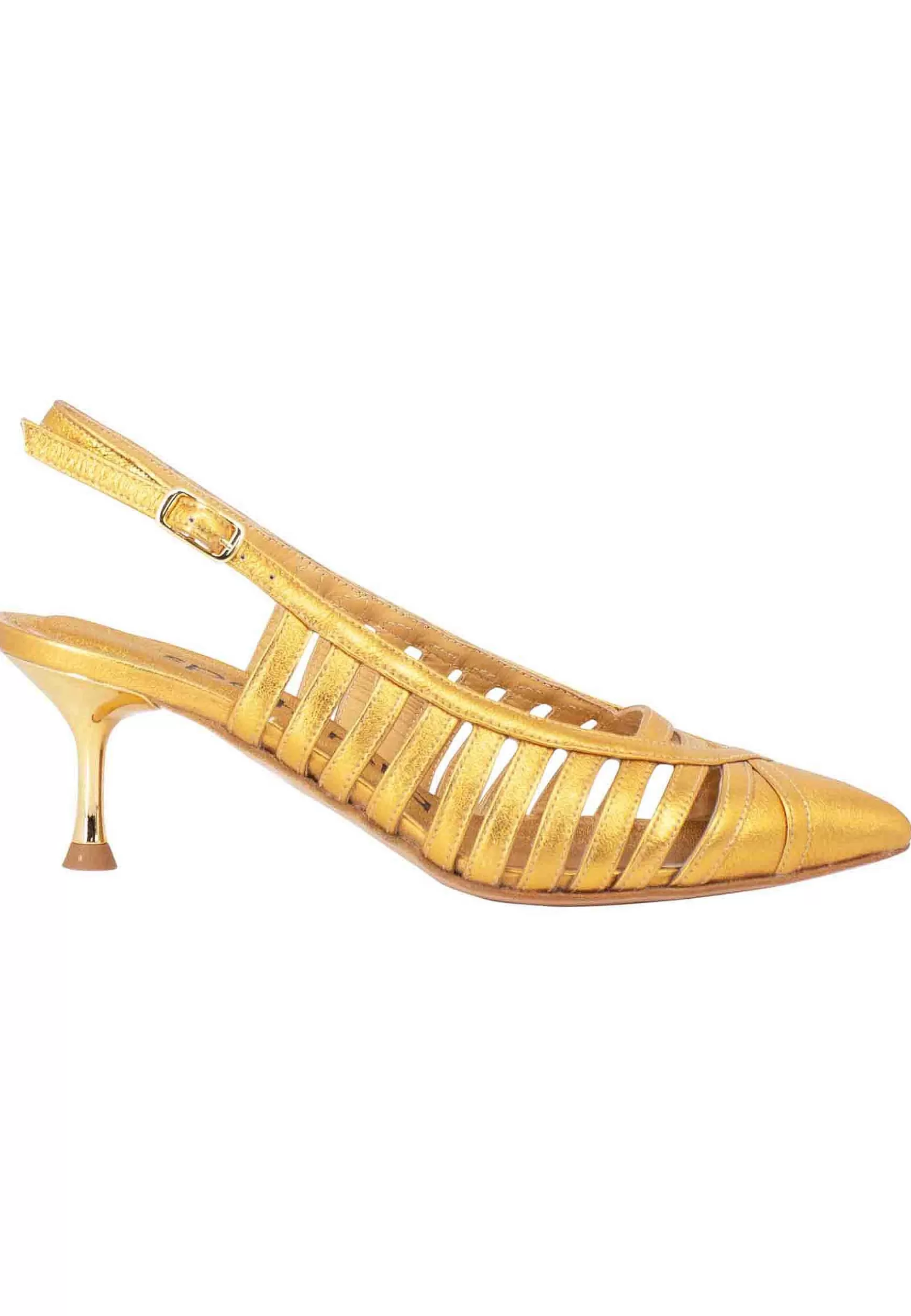 Decollete Slingback Donna In Pelle Laminata Oro Con Tacco Gioiello** Cheap
