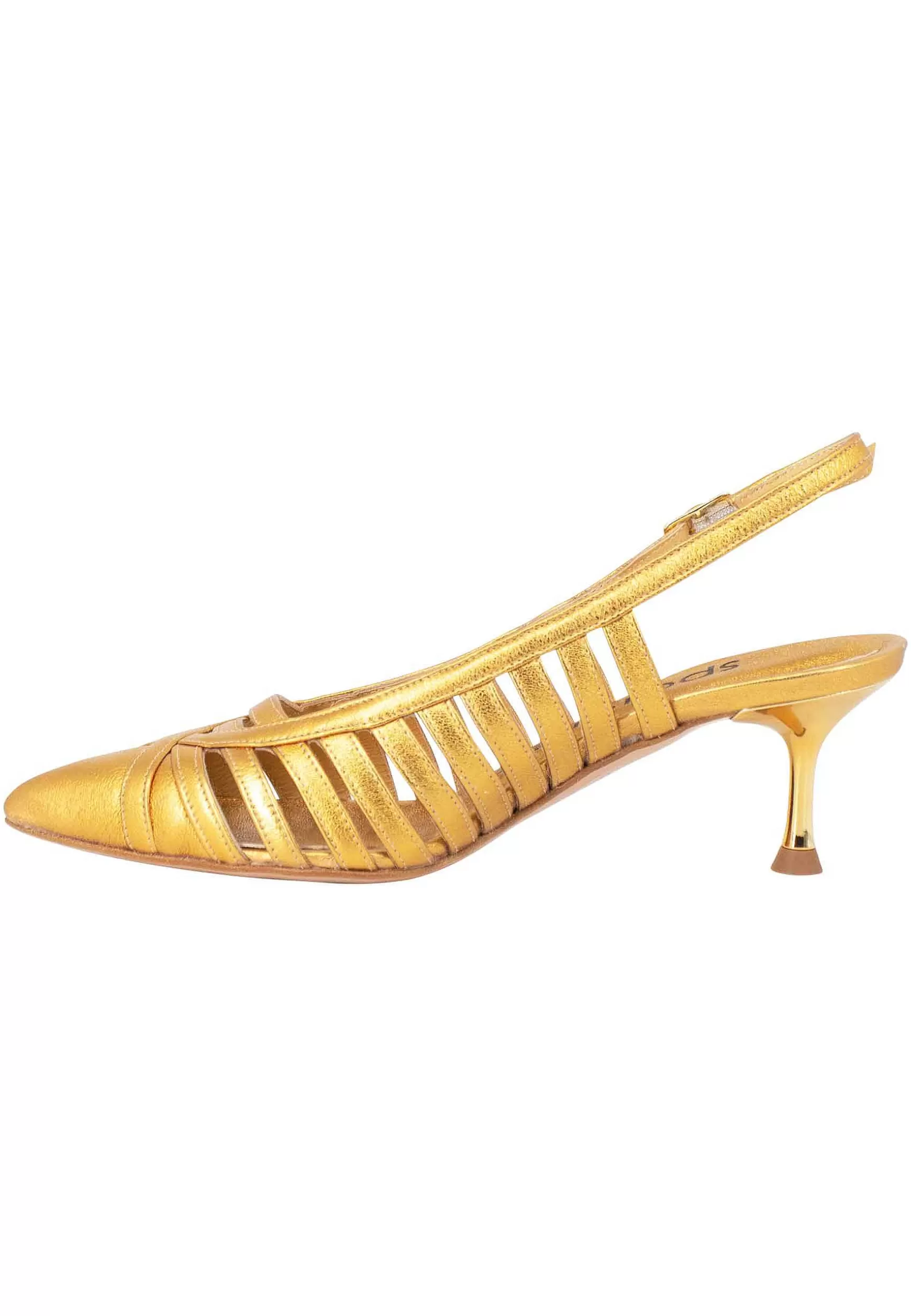Decollete Slingback Donna In Pelle Laminata Oro Con Tacco Gioiello** Cheap