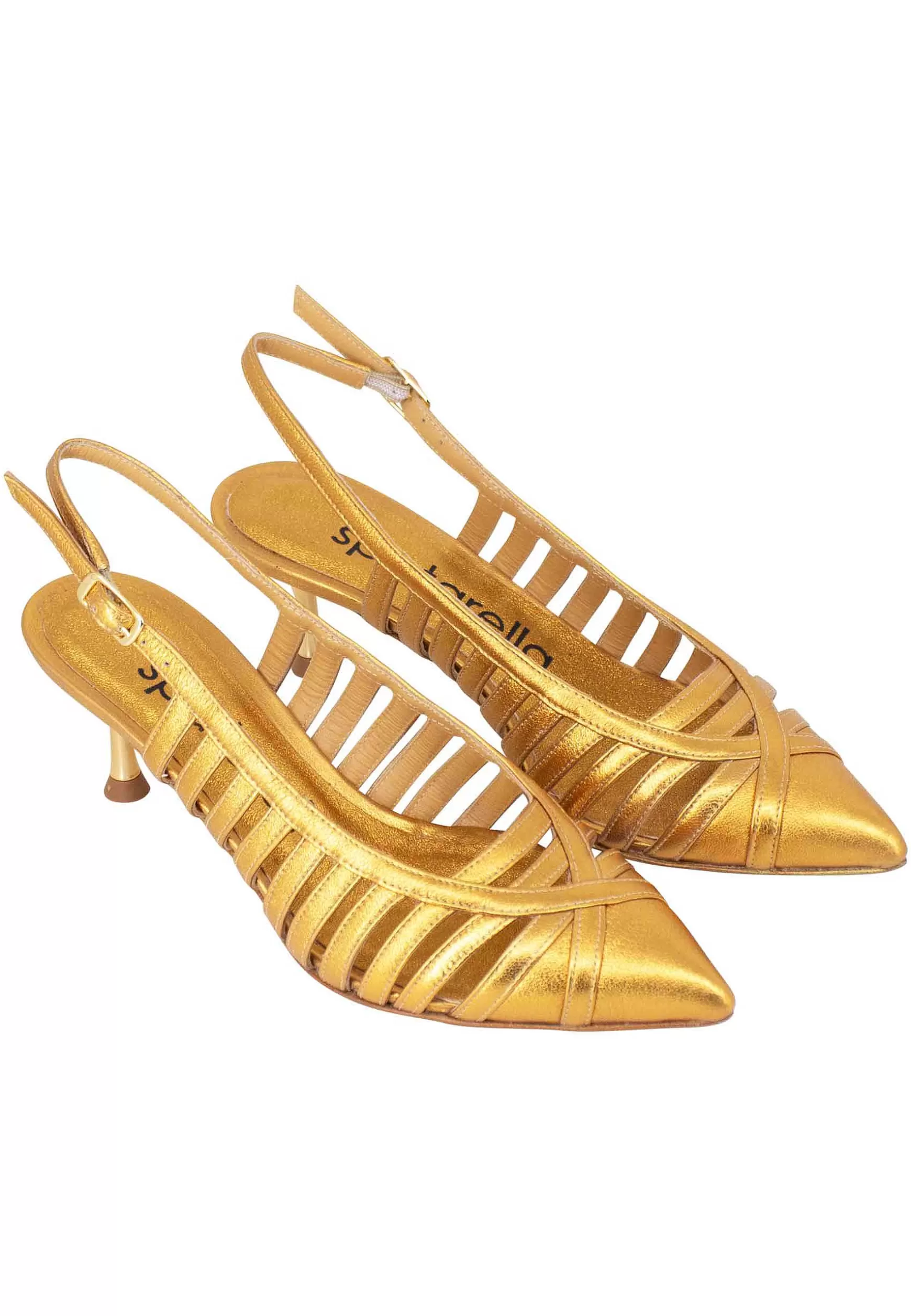 Decollete Slingback Donna In Pelle Laminata Oro Con Tacco Gioiello** Cheap