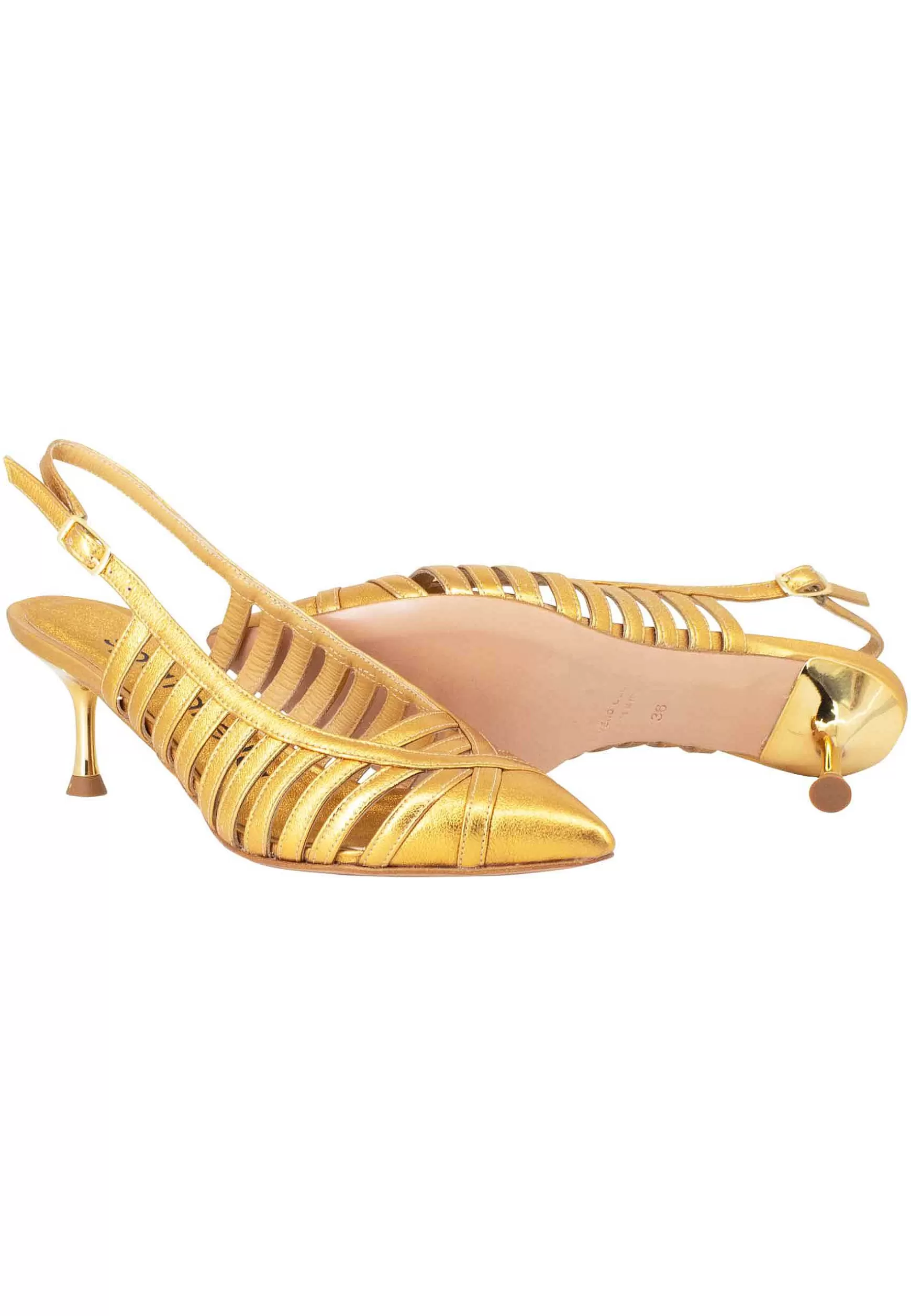 Decollete Slingback Donna In Pelle Laminata Oro Con Tacco Gioiello** Cheap