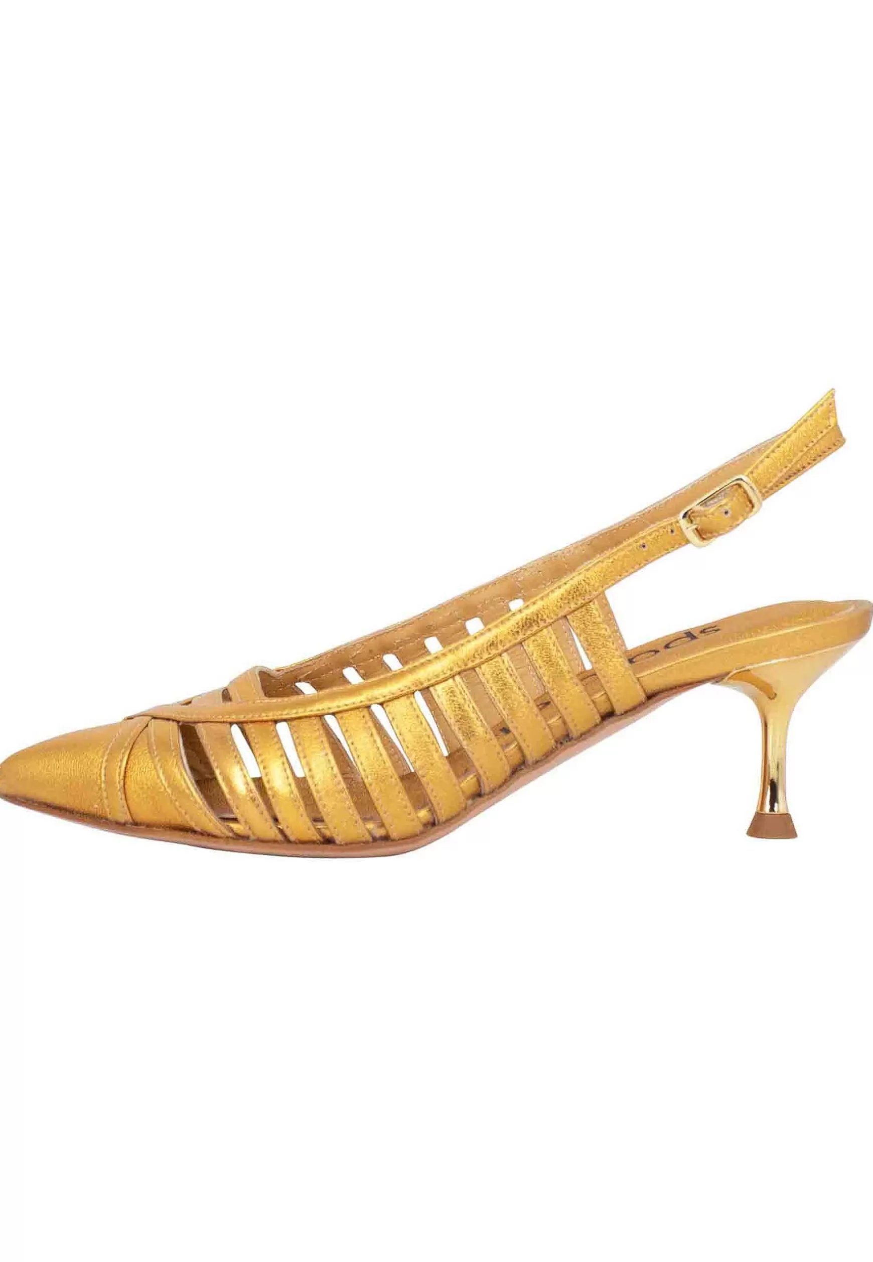 Decollete Slingback Donna In Pelle Laminata Oro Con Tacco Gioiello** Cheap