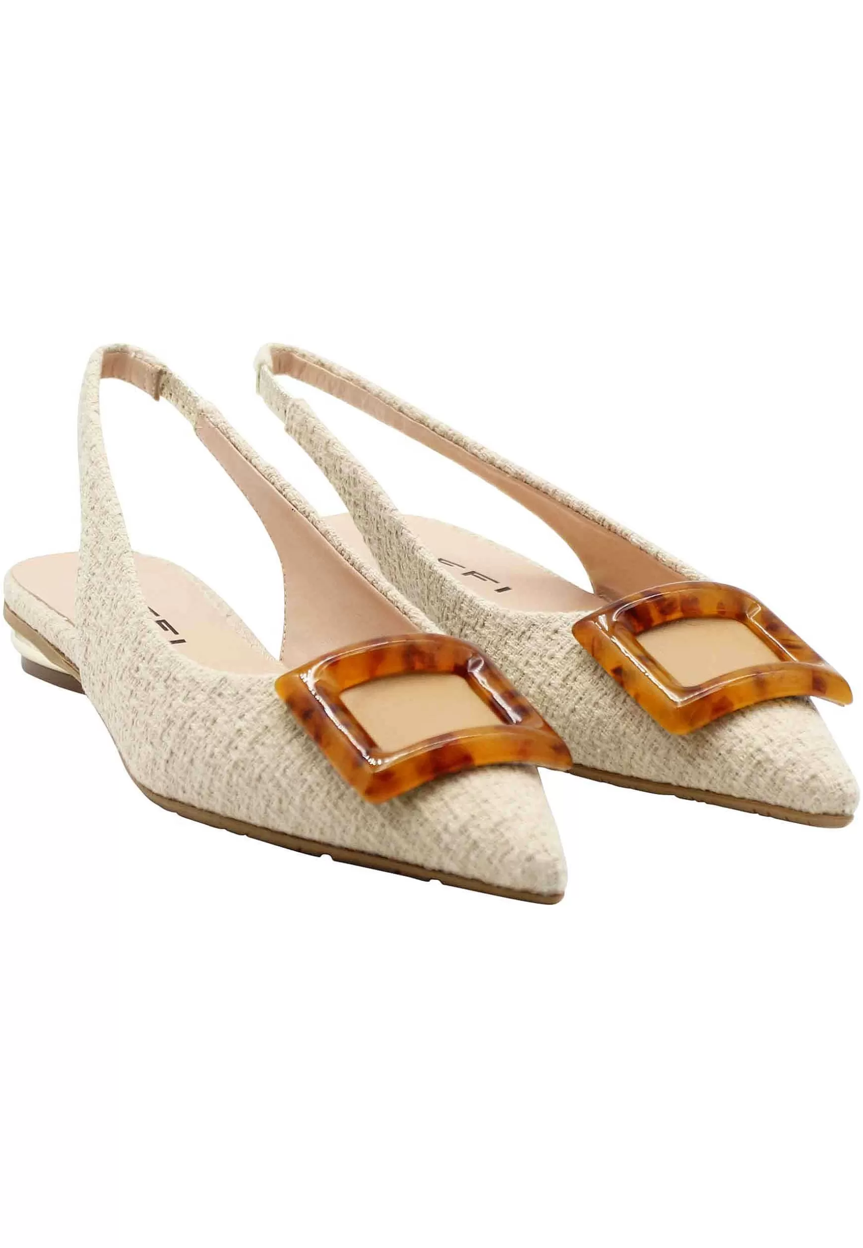 Decollete Slingback Donna In Tessuto Naturale Con Tacco Basso E Accessorio In Osso*TIFFI Hot