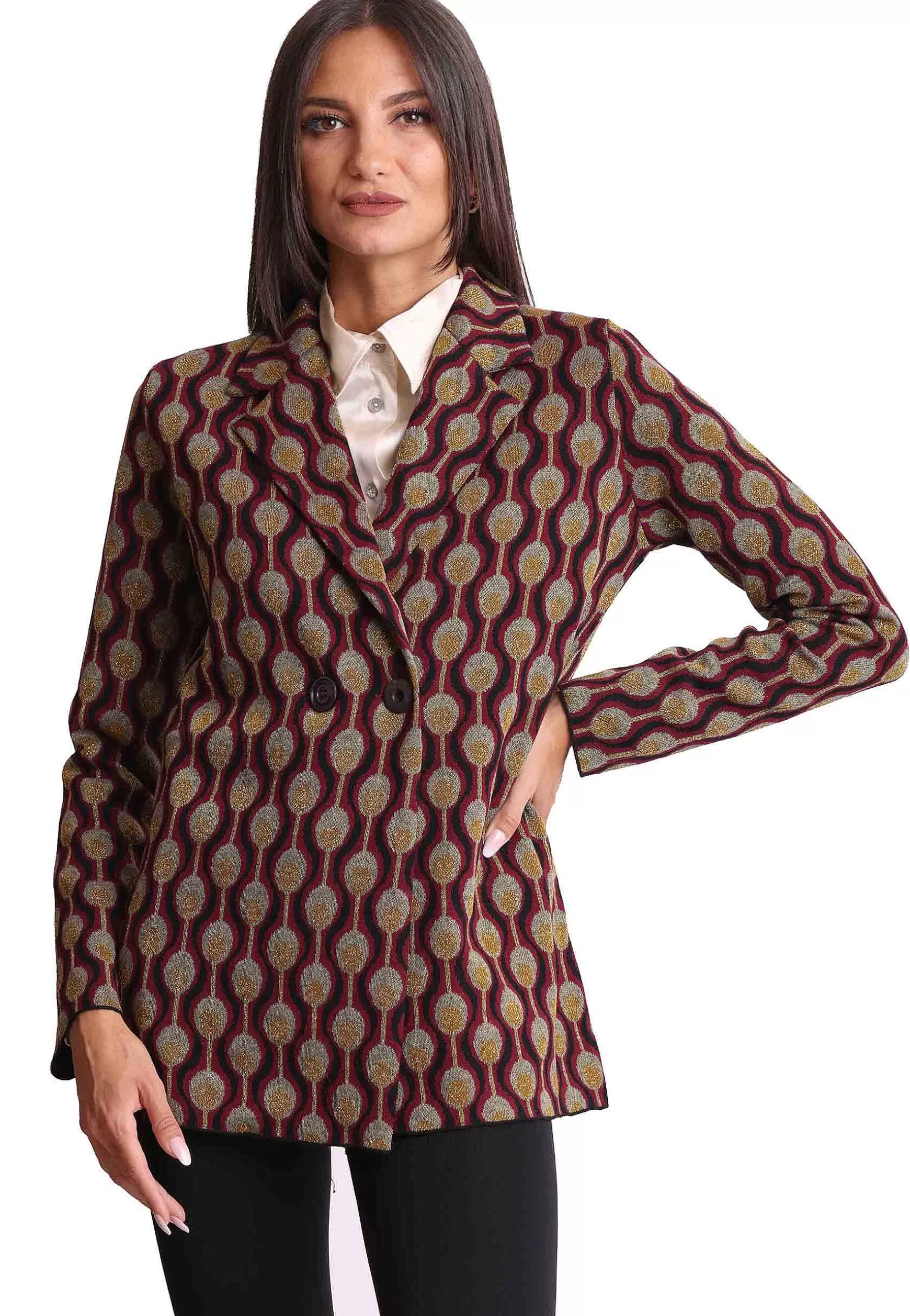 Giacca Donna Comfort Jacquard In Viscosa Naturale Bordeaux A Fantasia Doppiopetto*Maliparmi Fashion