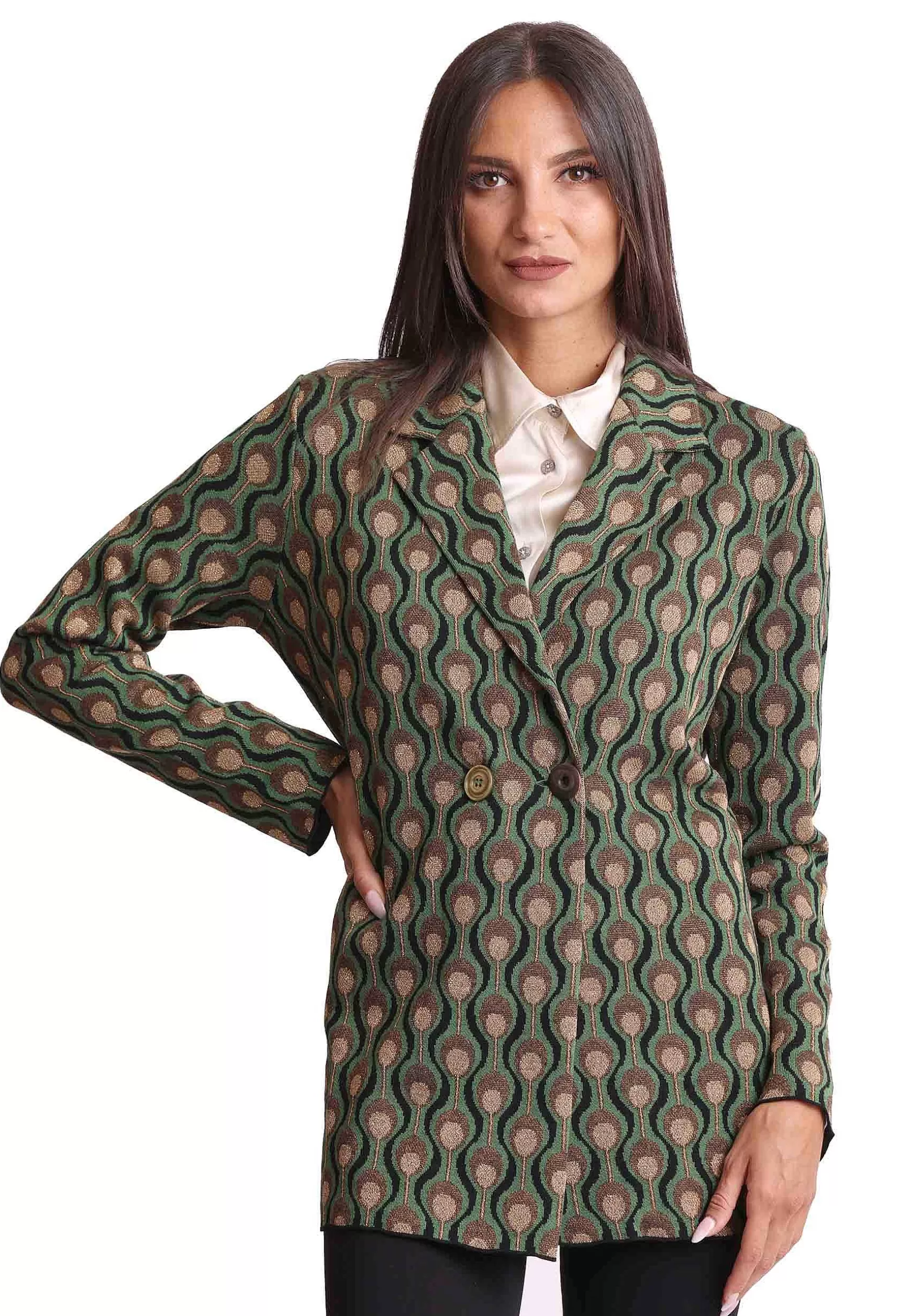 Giacca Donna Comfort Jacquard In Viscosa Naturale Verde A Fantasia Doppiopetto*Maliparmi Fashion