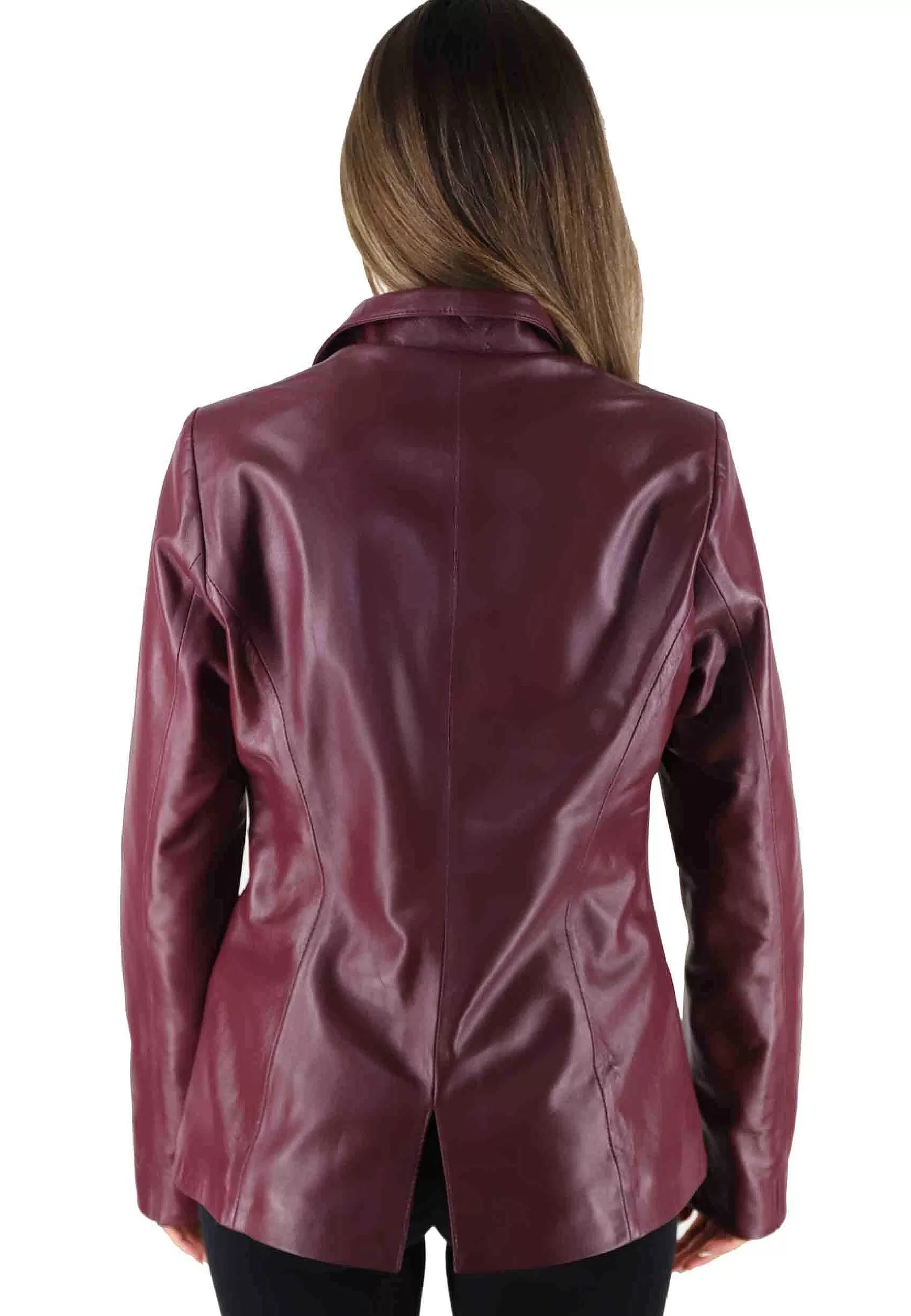 Giacca Donna In Pelle Bordeaux Monopetto Con Bottoni Gioiello** New