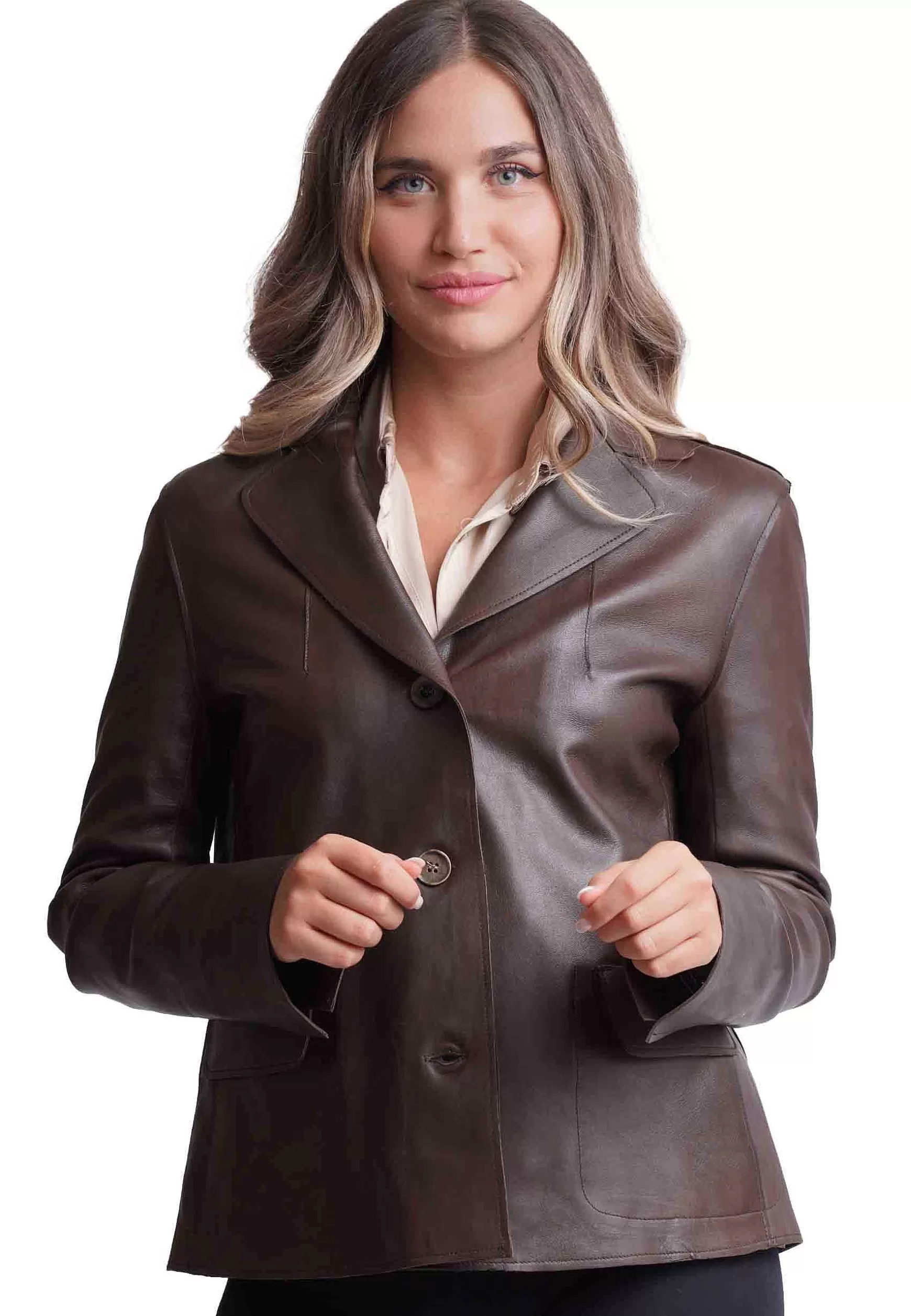 Giacca Donna In Pelle Sfoderata Testa Di Moro Monopetto 3 Bottoni** Sale