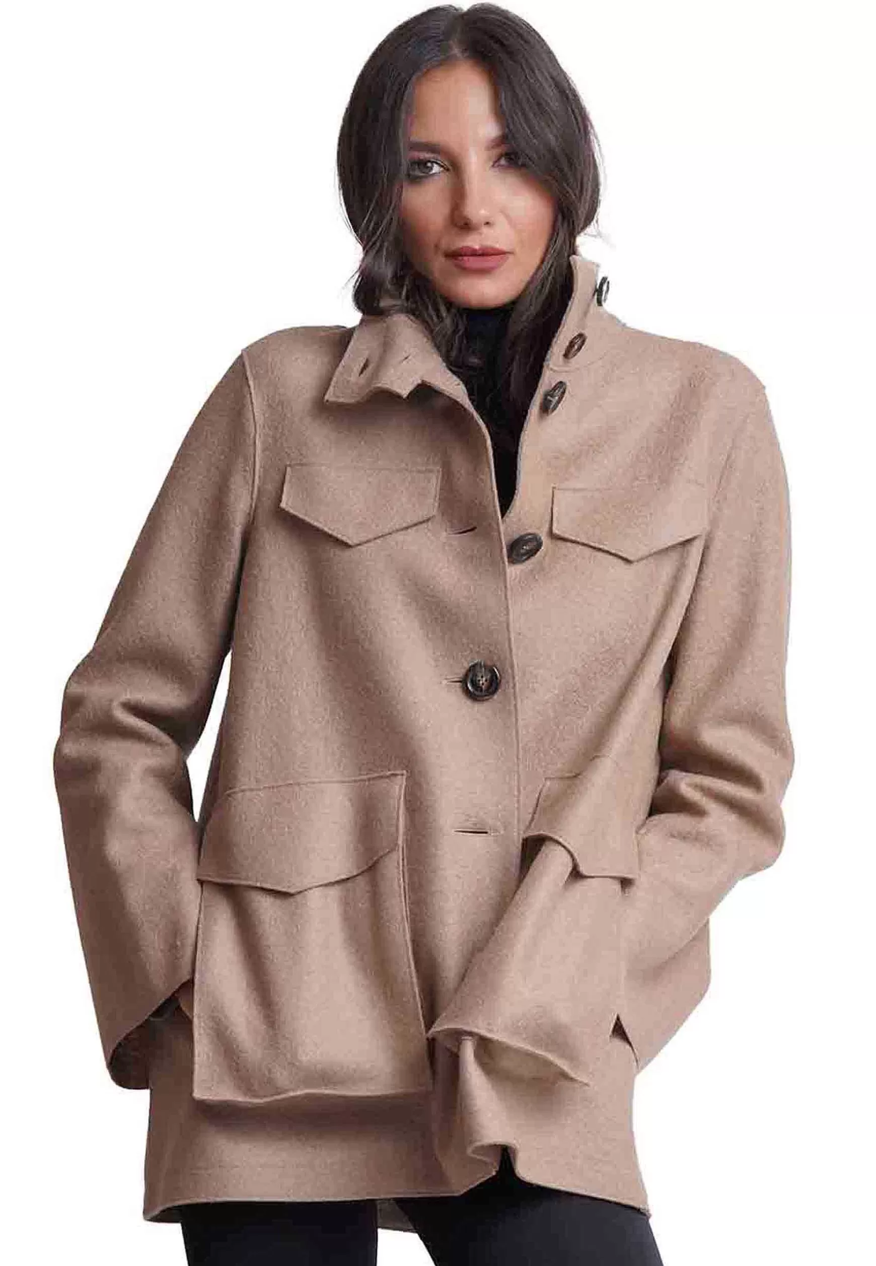 Giacca Donna In Pura Lana Vergine Cammello Con Tasche Esterne*Ewooluzione Sale