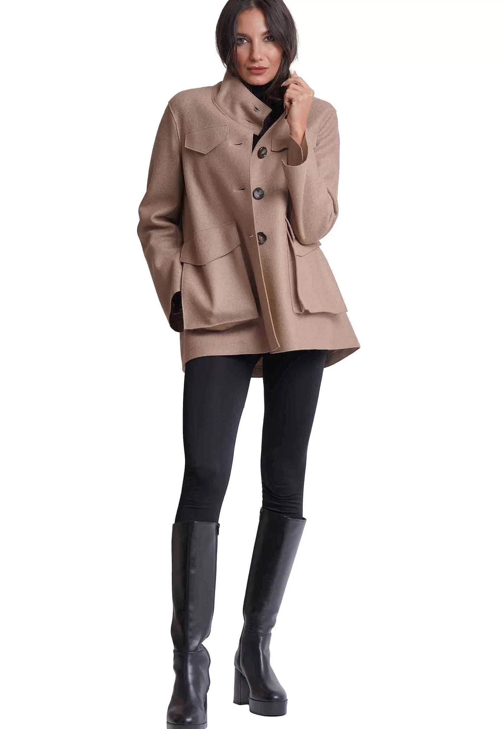 Giacca Donna In Pura Lana Vergine Cammello Con Tasche Esterne*Ewooluzione Sale