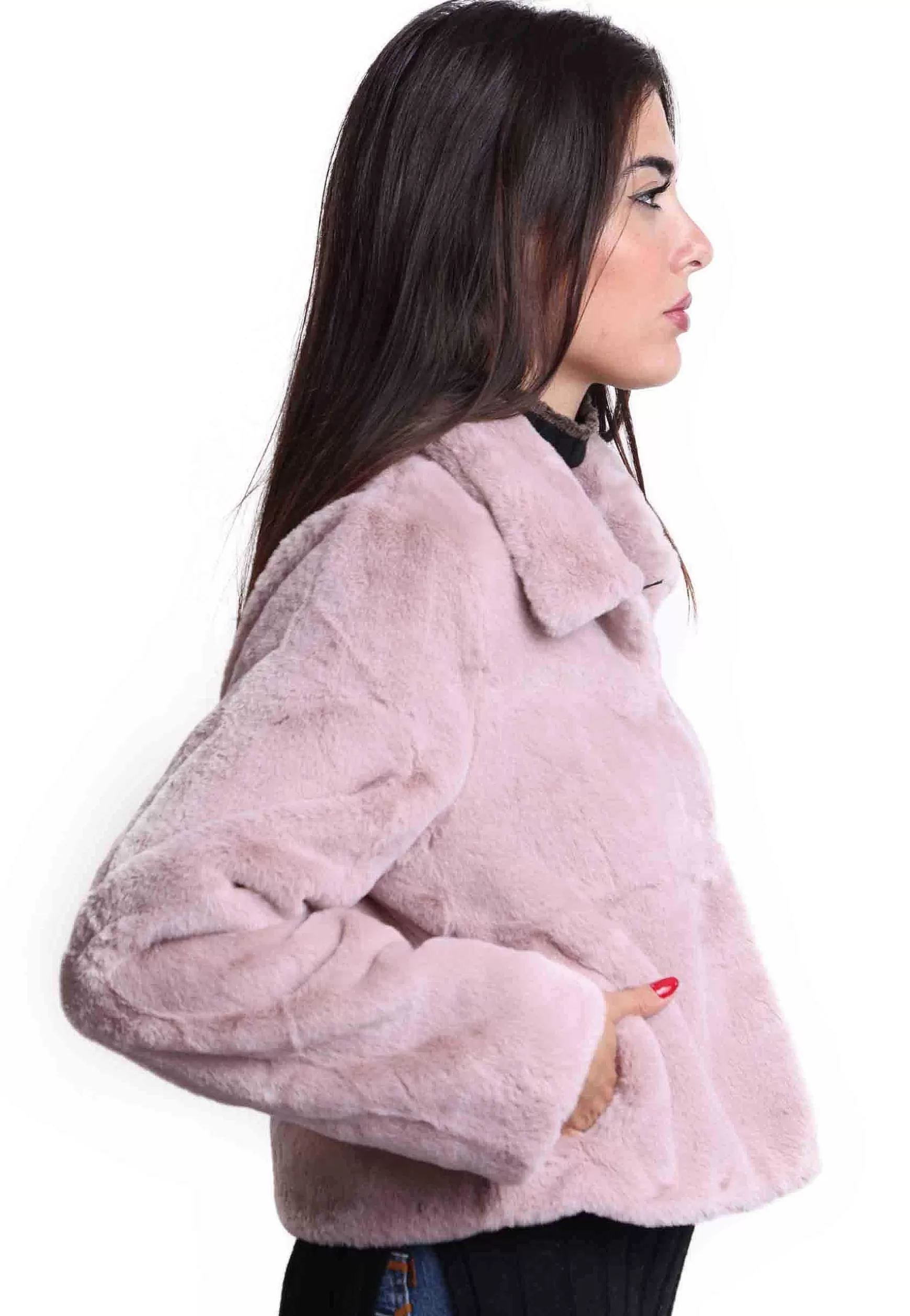 Giacche Corte Donna In Eco Fur Rosa Con Bottoni A Scomparsa** Hot