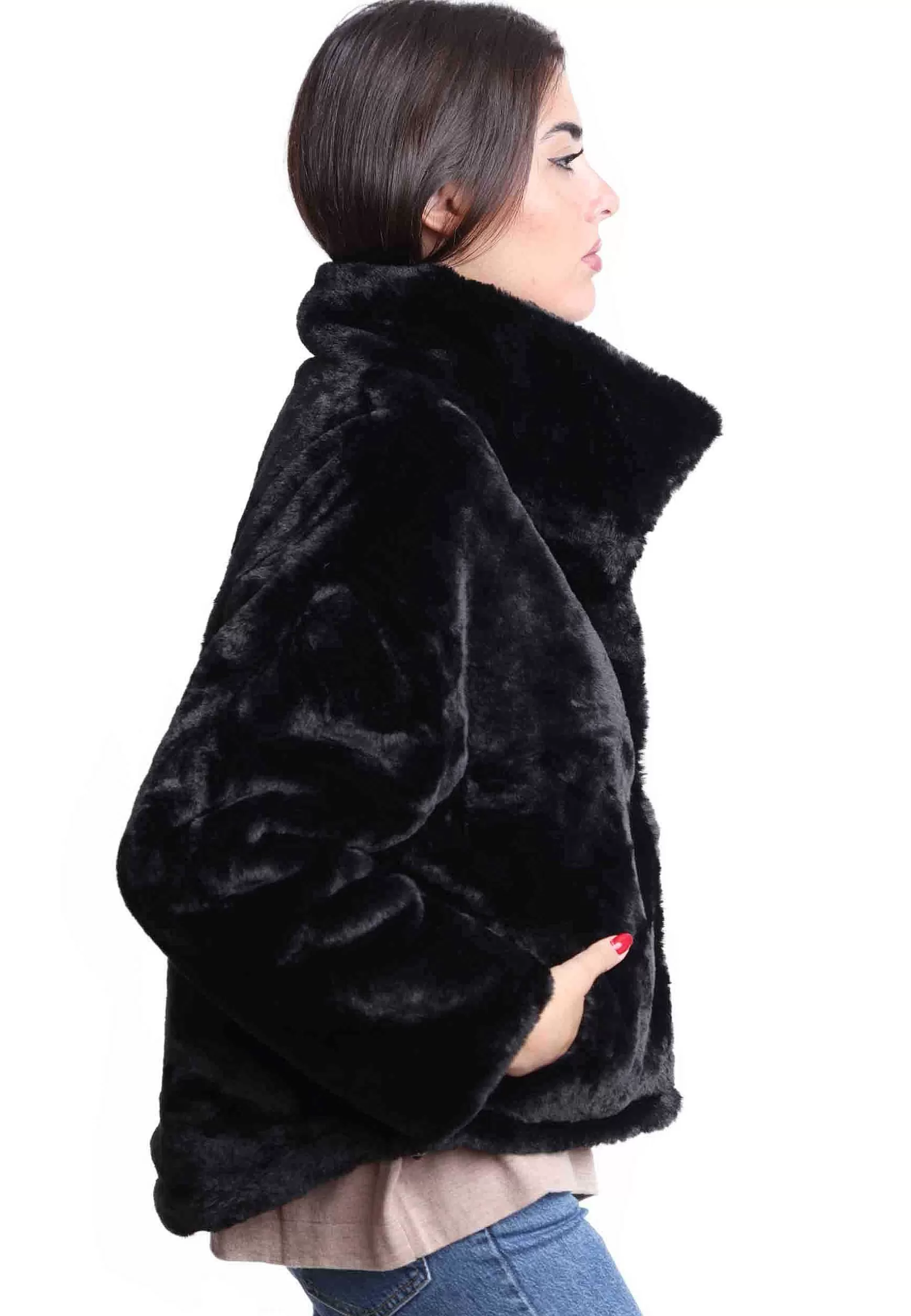 Giacche Donna Reversibili Eco Fur Nera A Collo Alto** Hot