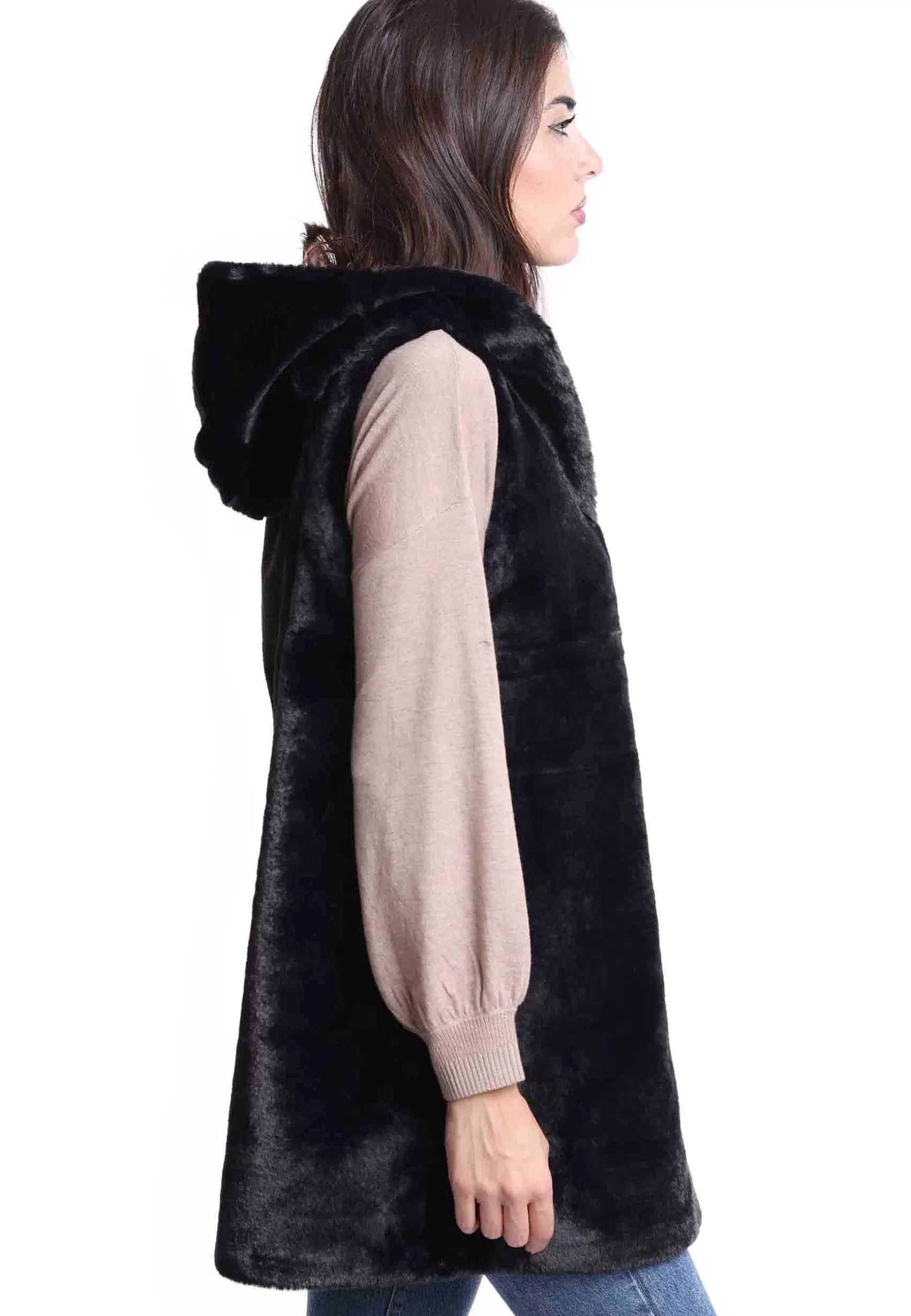 Gilet Donna Reversibili In Eco Fur Nero Con Cappuccio E Bottone A Scomparsa** Store
