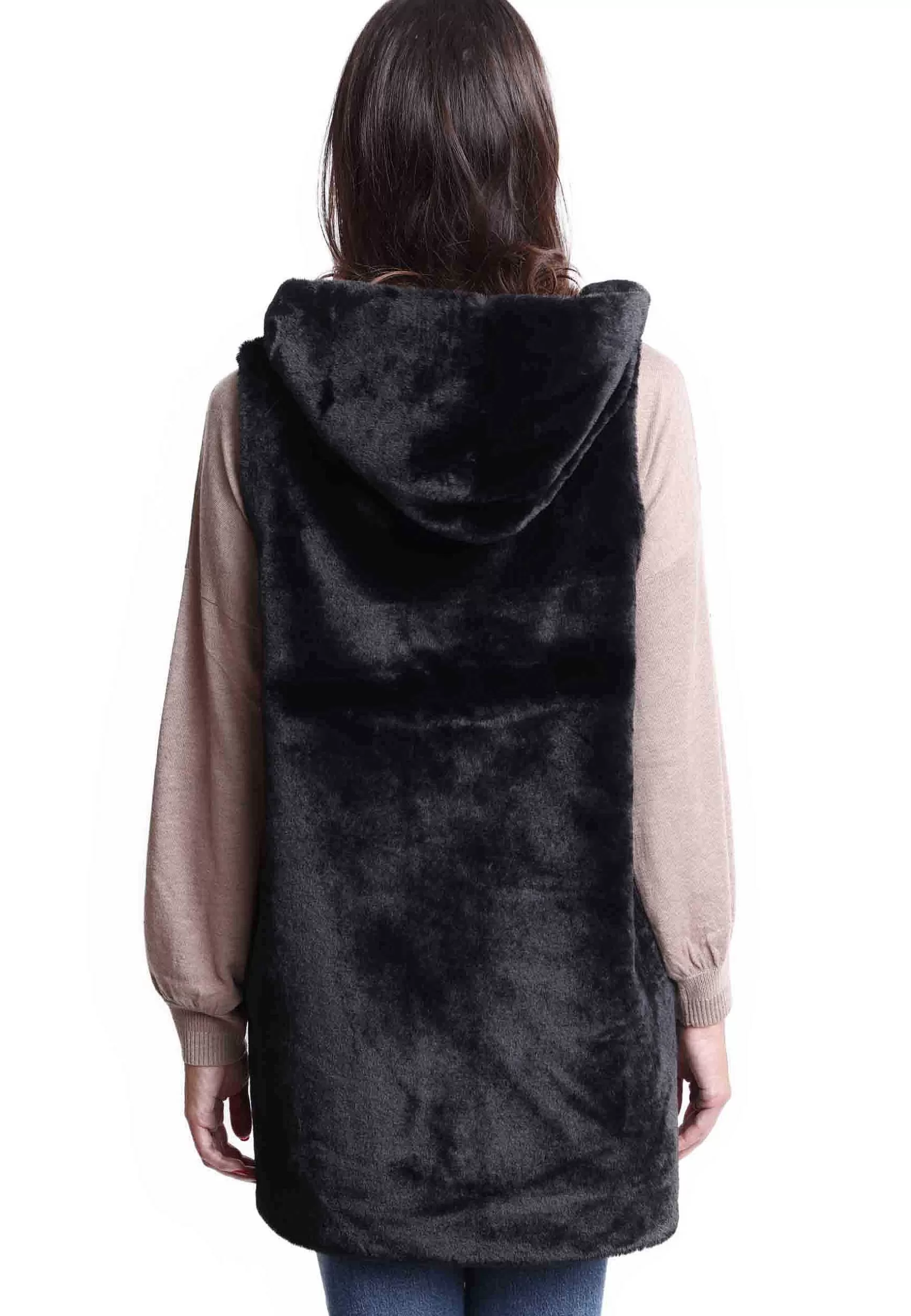 Gilet Donna Reversibili In Eco Fur Nero Con Cappuccio E Bottone A Scomparsa** Store