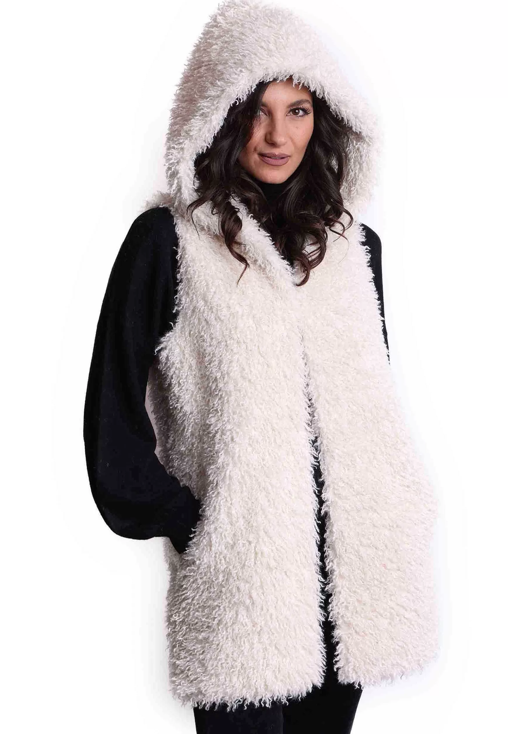 Gilet Teddy Donna In Eco Fur Bianco Con Cappuccio E Giro Manica** Hot
