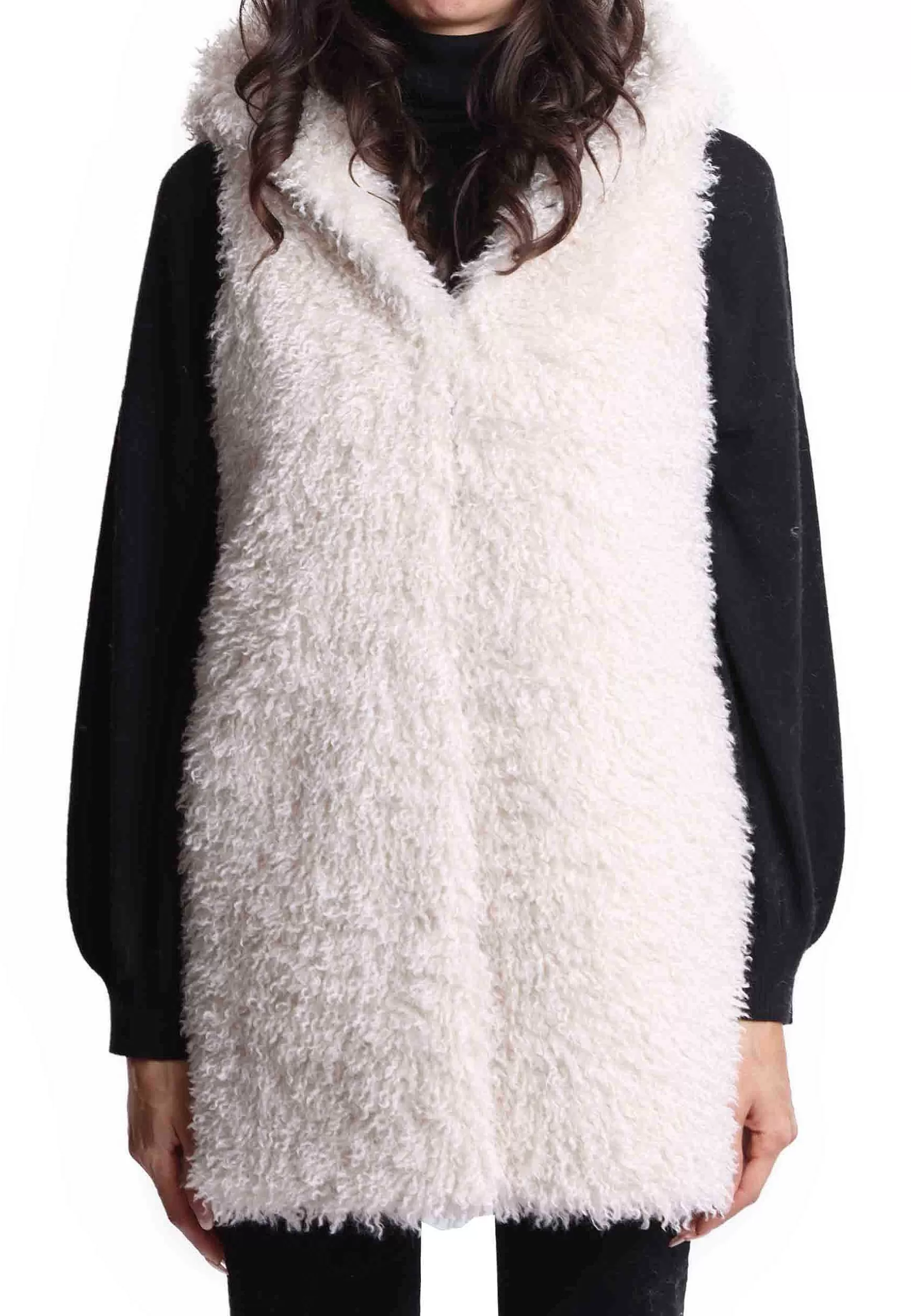 Gilet Teddy Donna In Eco Fur Bianco Con Cappuccio E Giro Manica** Hot
