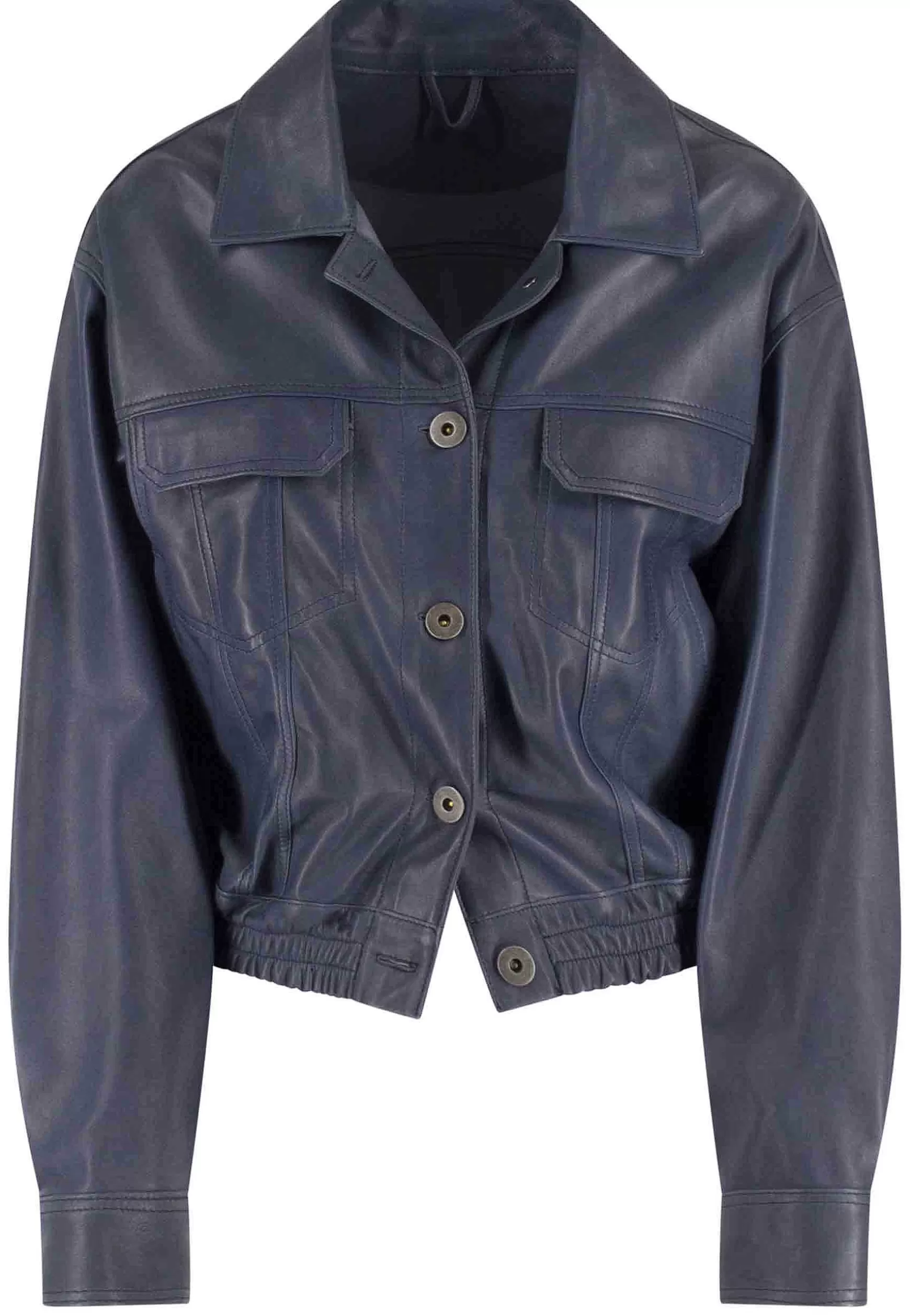 Giubbino Bomber Corto Donna In Pelle Blu Sfoderato Con Elastico Al Fondo** Sale