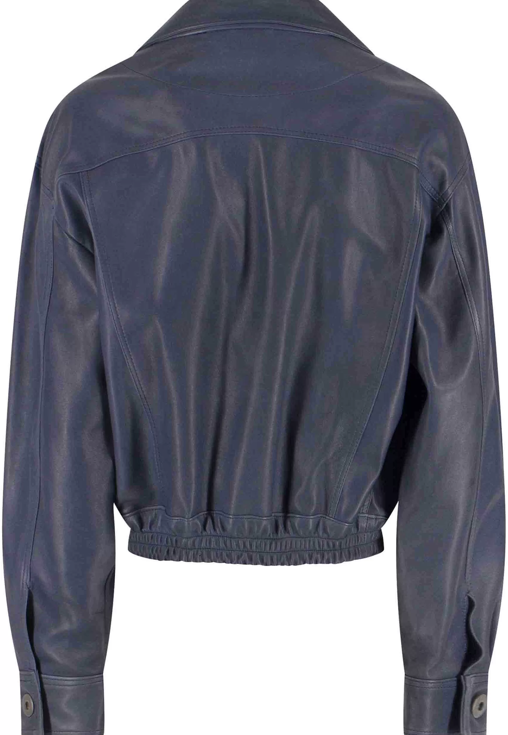 Giubbino Bomber Corto Donna In Pelle Blu Sfoderato Con Elastico Al Fondo** Sale