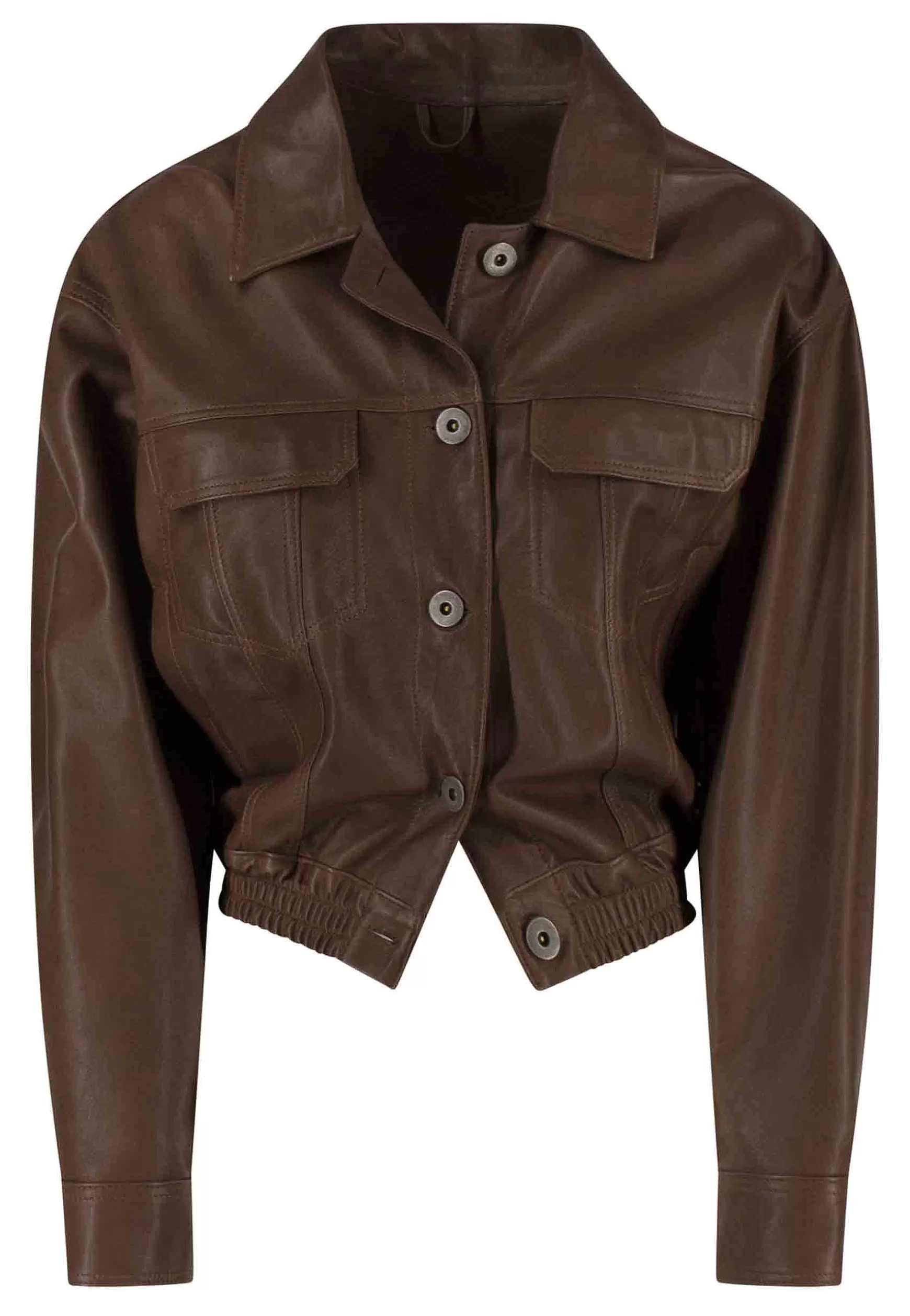 Giubbino Bomber Corto Donna In Pelle Marrone Sfoderato Con Elastico Al Fondo** Hot