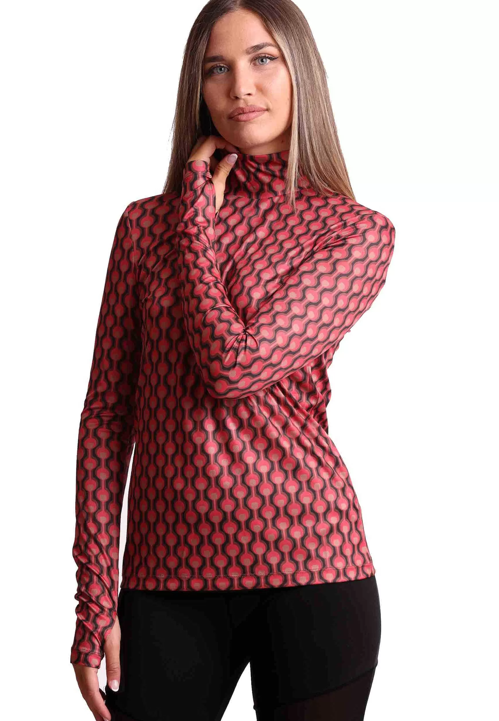 Maglia Donna Frieze In Jersey Stampato Nero E Rosa A Collo Alto Con Manica A Guanto*Maliparmi Shop