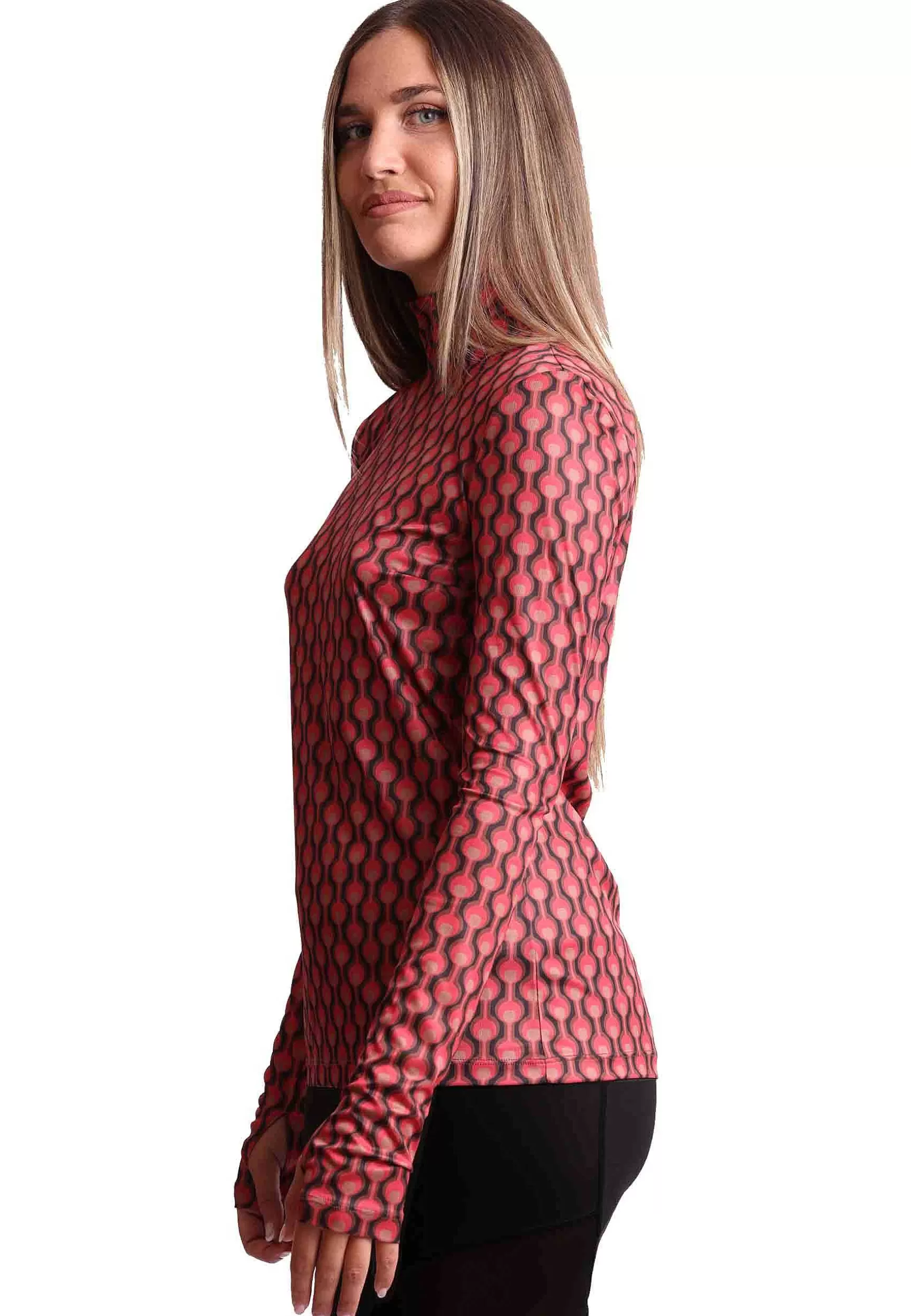 Maglia Donna Frieze In Jersey Stampato Nero E Rosa A Collo Alto Con Manica A Guanto*Maliparmi Shop