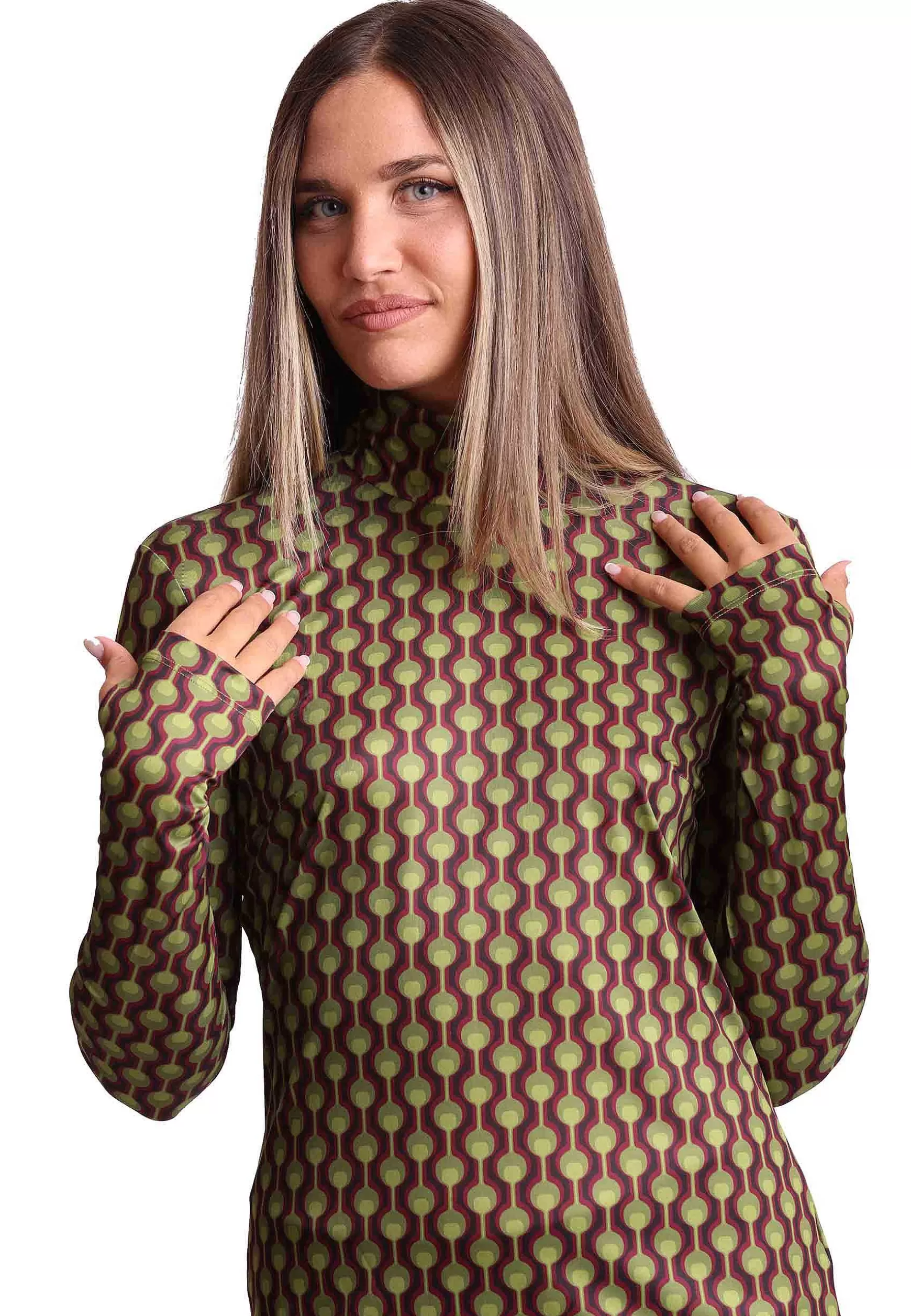 Maglia Donna Frieze In Jersey Stampato Verde E Bordeaux A Collo Alto Con Manica A Guanto*Maliparmi Best